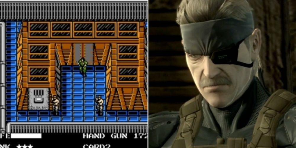 Split image of Solid Snake's first and newest appearance in Metal Gear Solid.