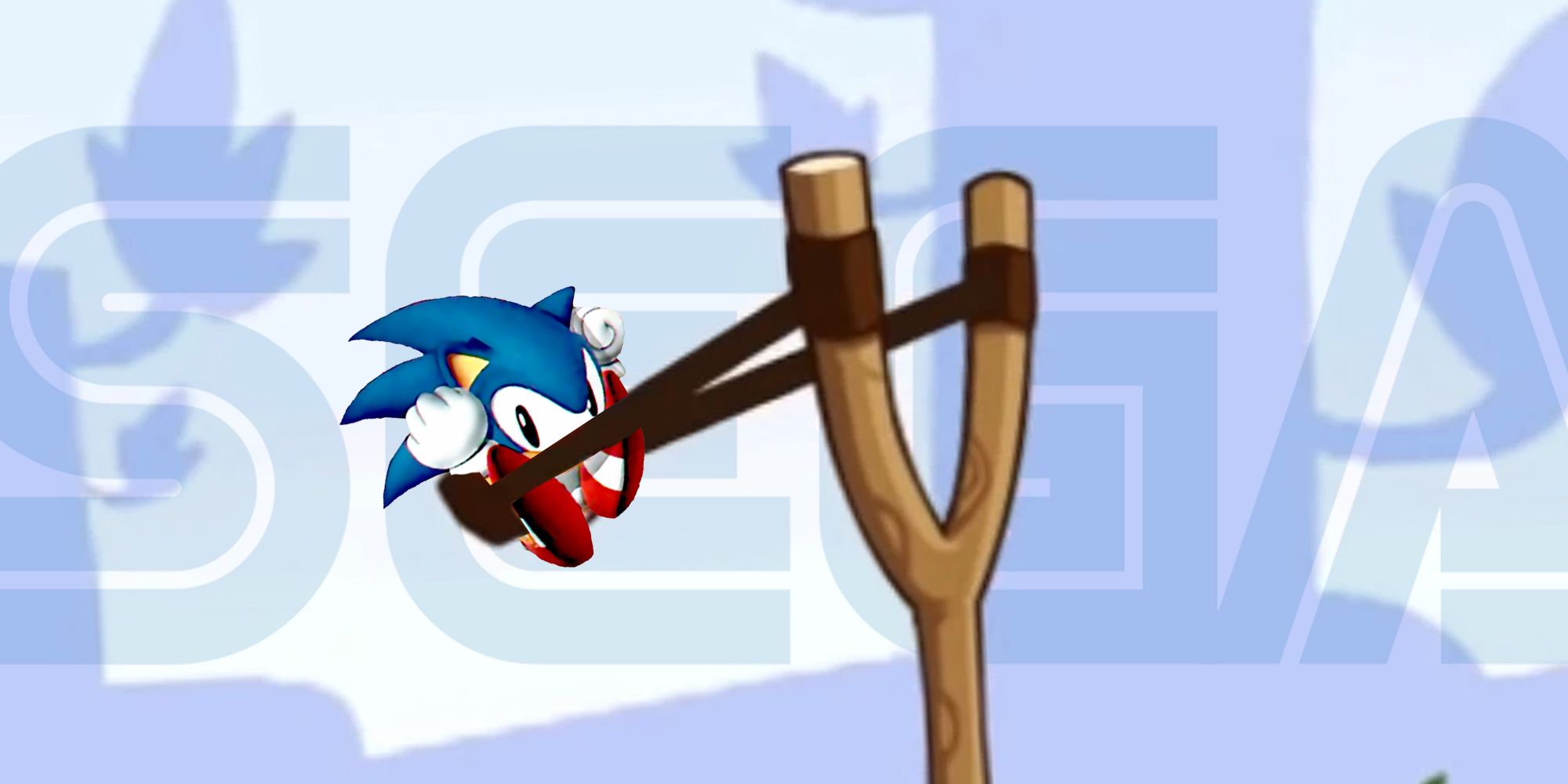 Sonic in a slingshot like the Angry Birds game