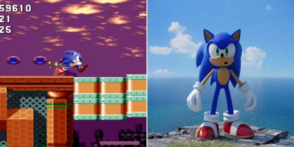 Split image of Sonic's first and newest appearance in video games.