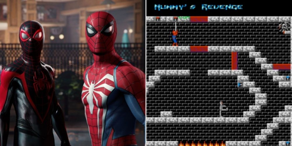 Split image of Spiderman's first and newest appearance in video games.
