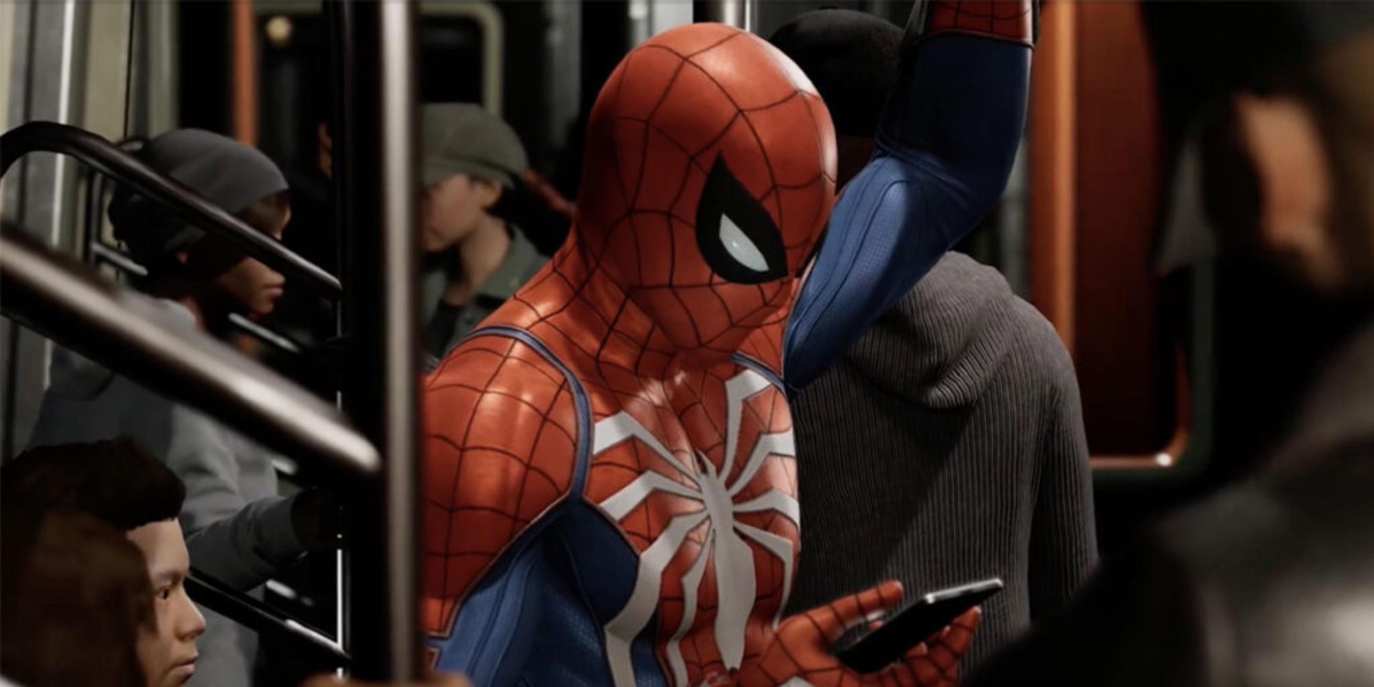 Spider-Man on his phone during a loading screen.