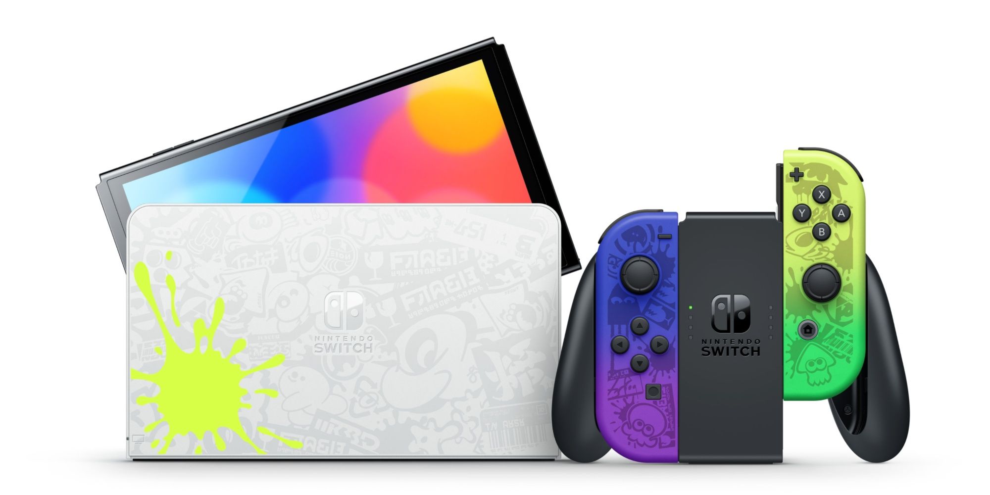 Splatoon 3 Switch in dock next to Joy-Con