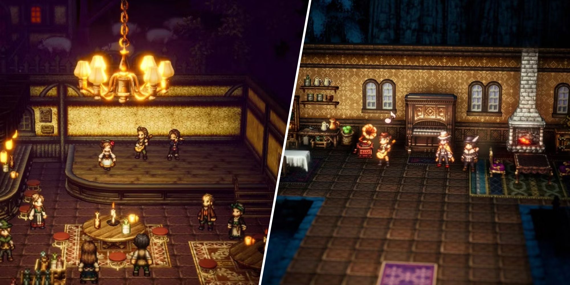 Split image of A tavern and of a group listening to a gramophone in Octopath Traveler 2