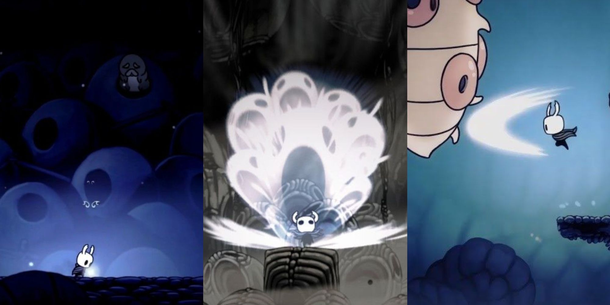Split images of the Knight picking up a Charm, using a spell, and fighting the Flukemarm in Hollow Knight.