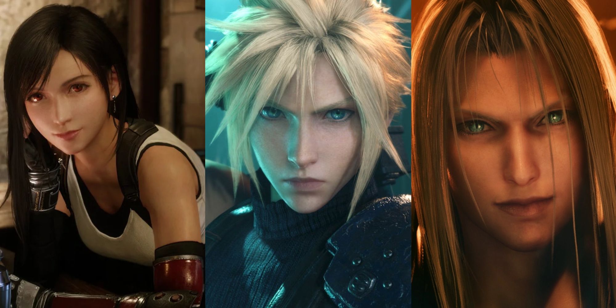 Split images of Tifa Lockhart, Cloud Strife, and Sephiroth in Final Fantasy 7 Remake