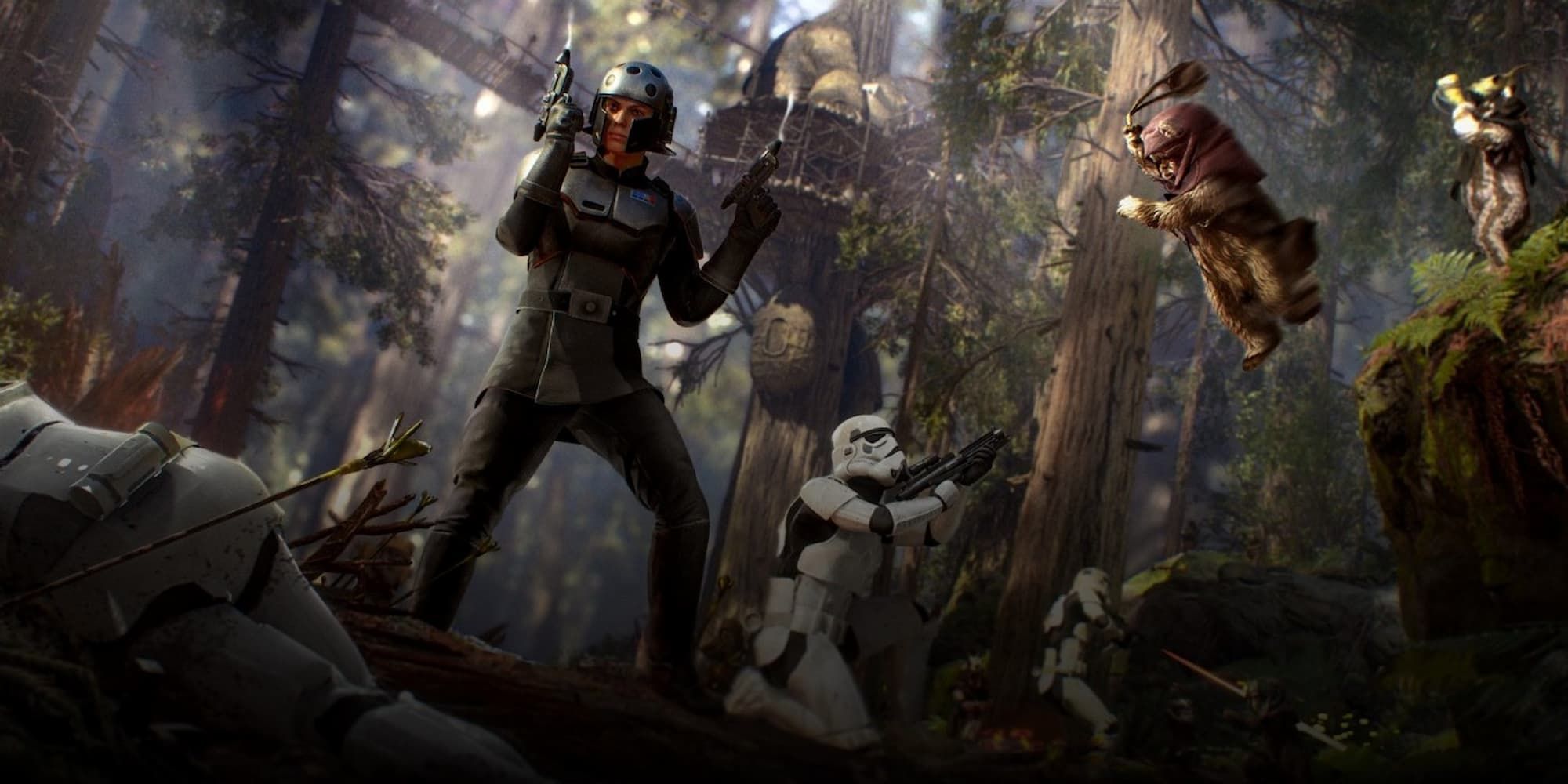 An imperial officer and Stormtroopers are attacked by Ewoks in Star Wars: Battlefront 2.