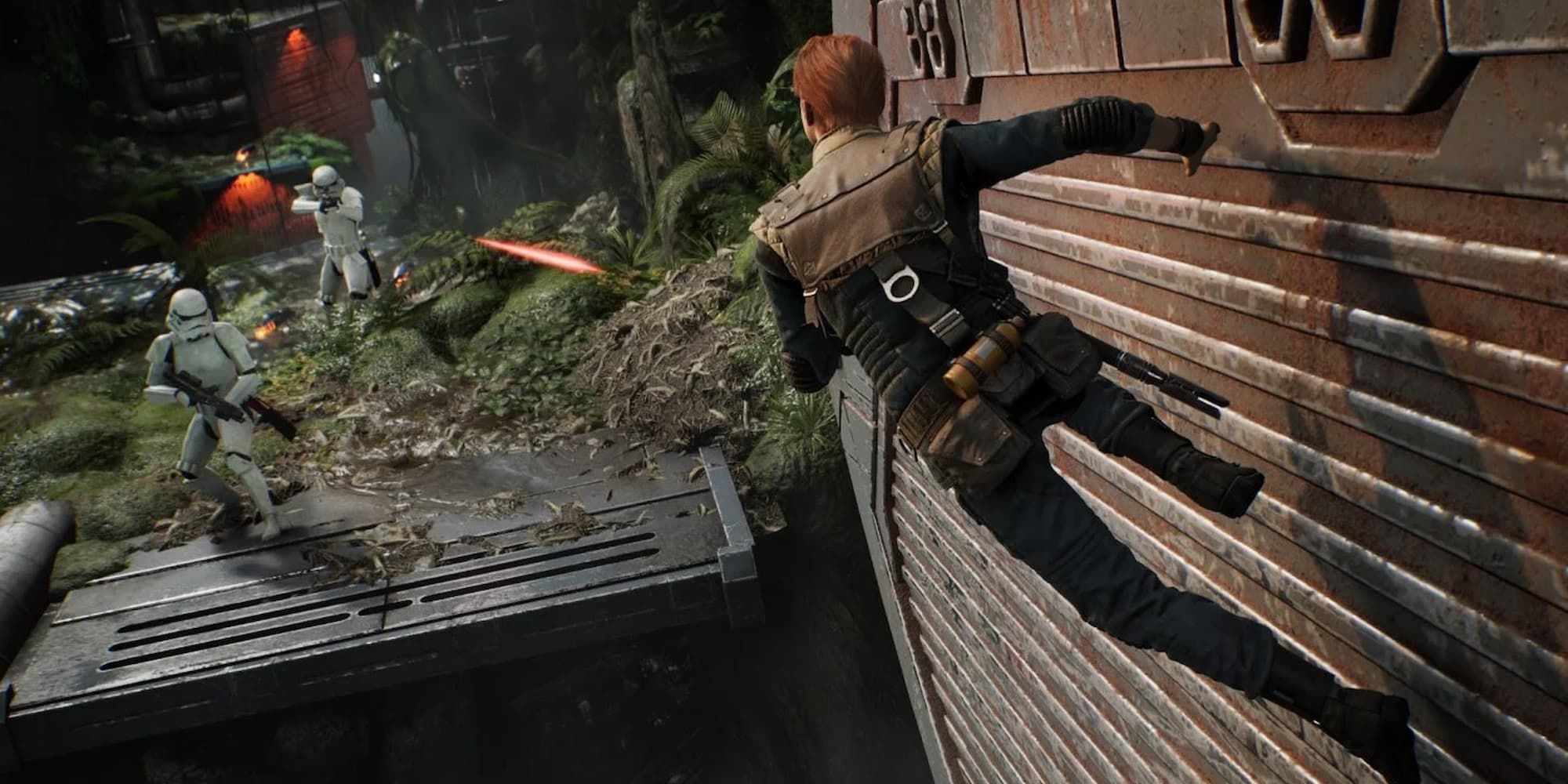 Cal Kestis wall runs while being shot at by Stormtroopers in Star Wars: Jedi Fallen Order..