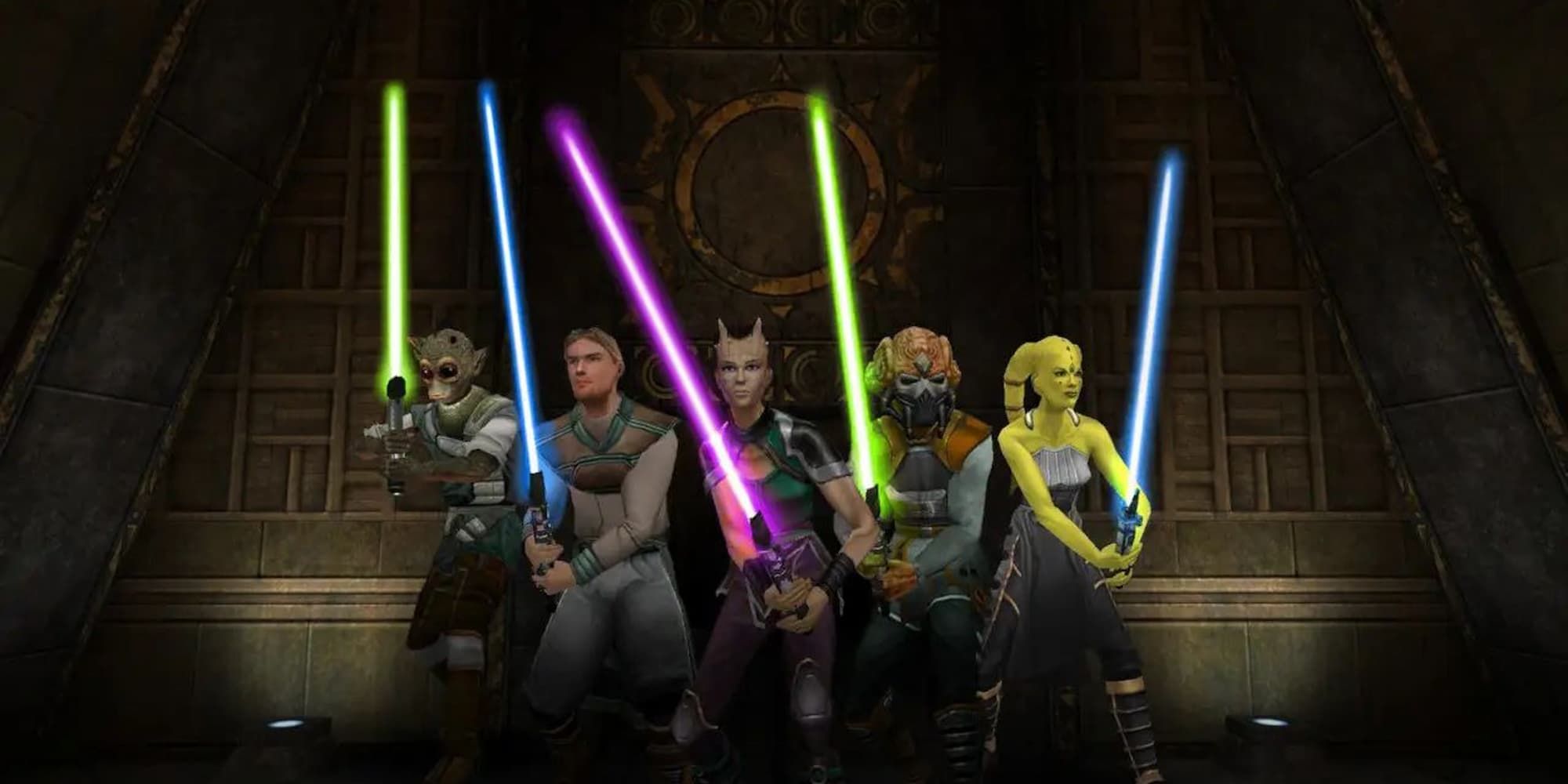 A group of Jedi, of varying species and with varying lightsaber colors, stand in front of a temple entrance in Star Wars: Jedi Knight Jedi Academy.