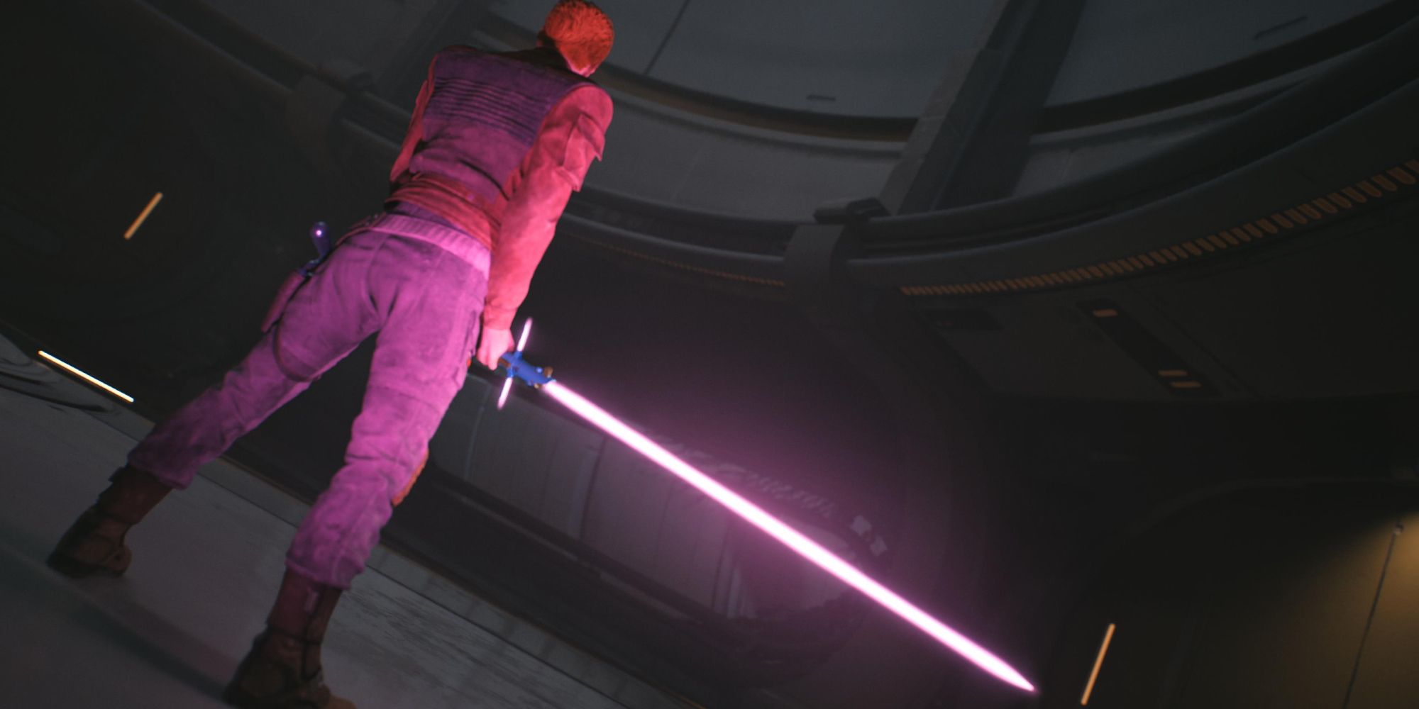 An image of Cal from Star Wars Jedi Survivor wielding a lightsaber with a Crossguard