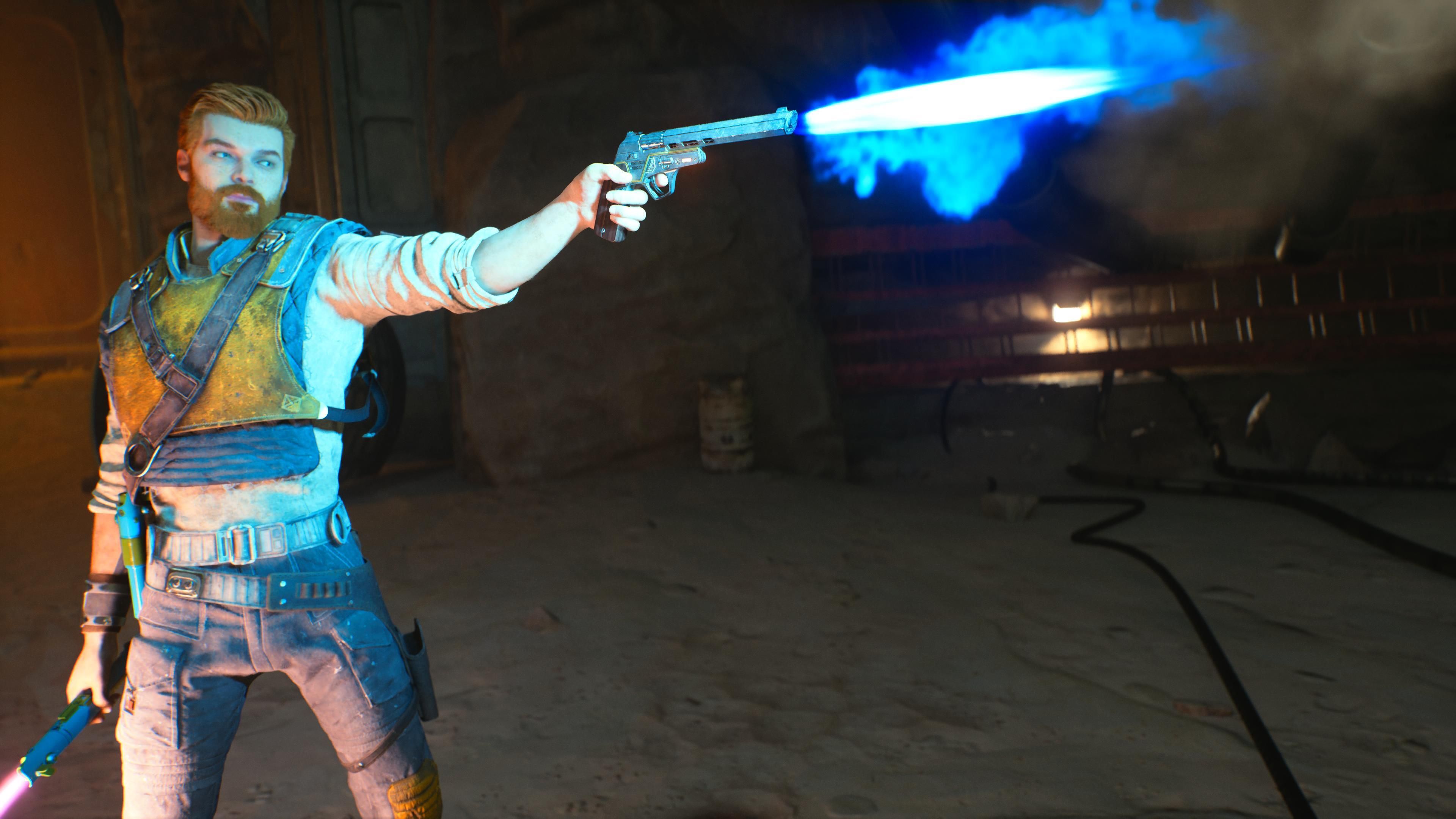 Cal shooting from his blaster in Star Wars Jedi: Survivor.