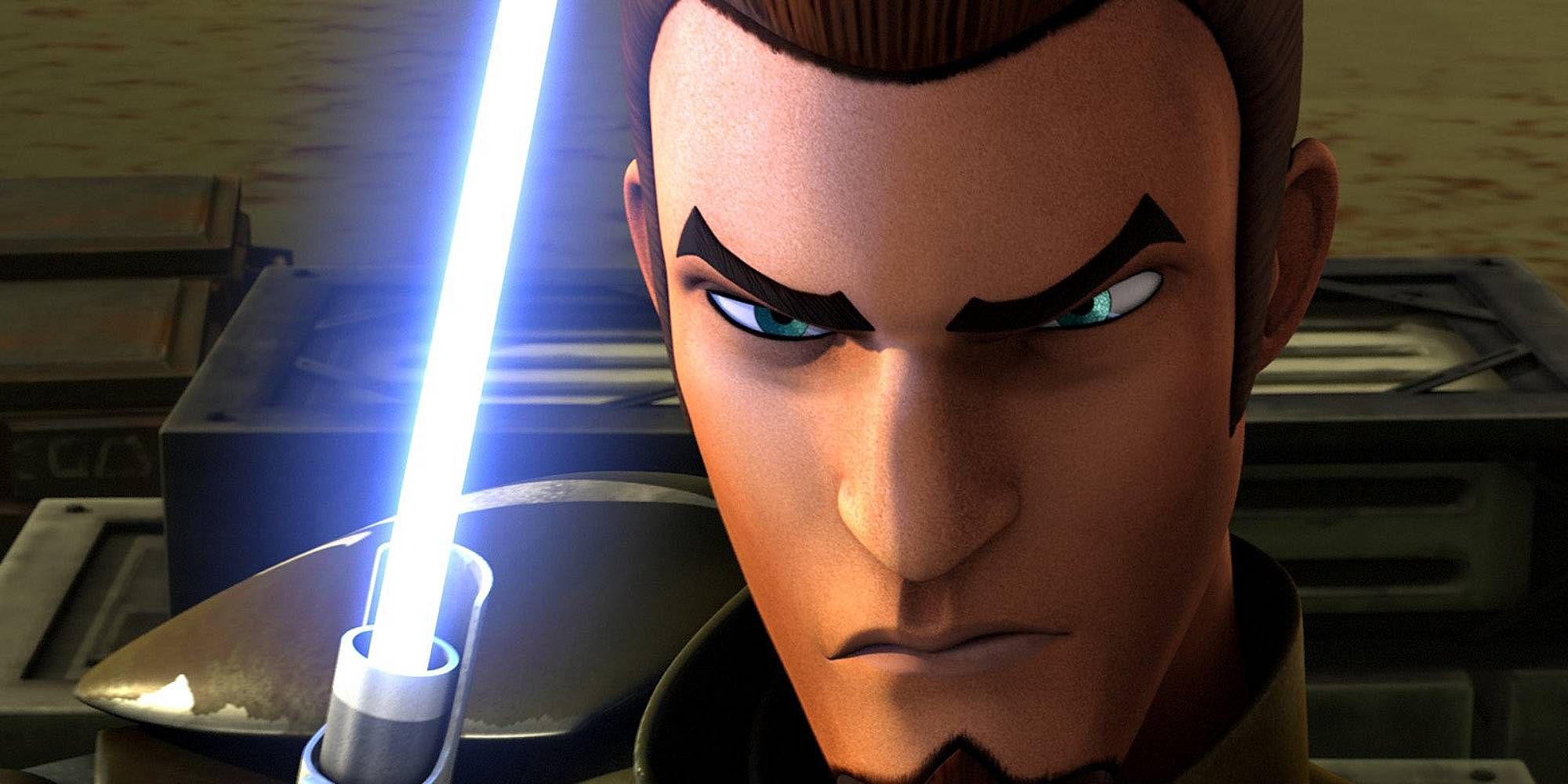 A tanned male figure holds up a lightsaber and glares