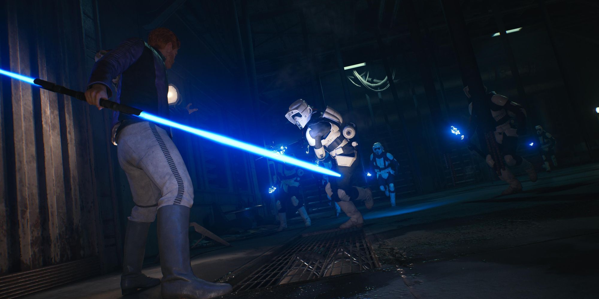 An image of Cal wielding a blue double bladed lightsaber to fight off storm troopers.
