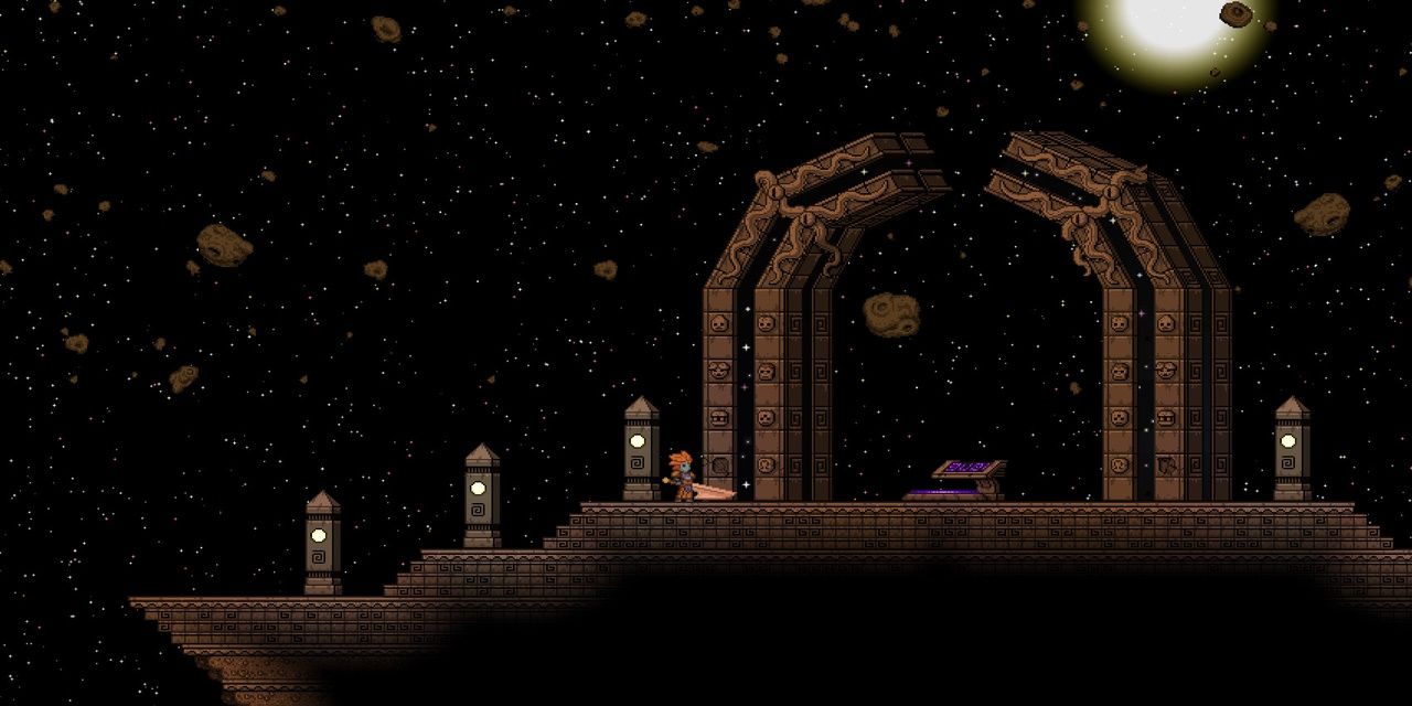 A character standing in front of a teleporter in Starbound