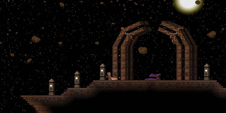 Character standing in front of a teleporter in Starbound