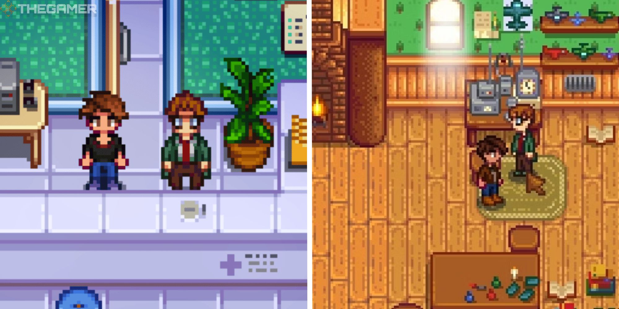 split image of player and harvey at clinic, next to image of harvey and player in his spouse room