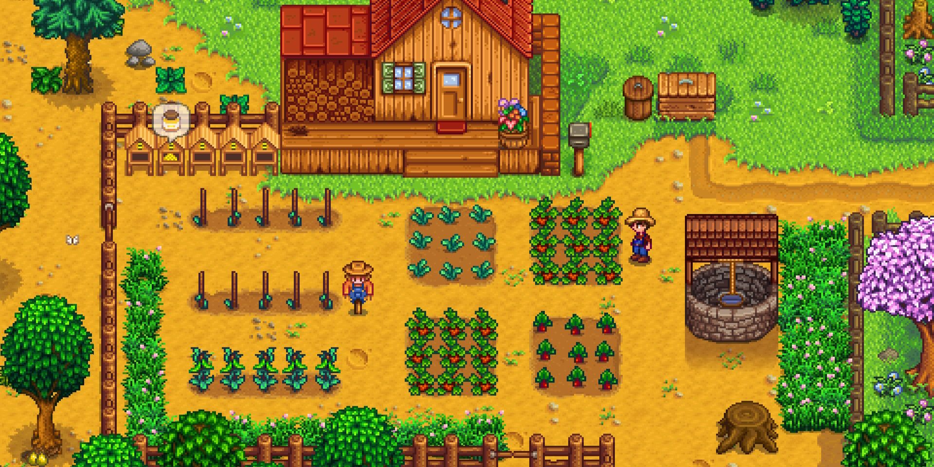 Characters watching over crops and farms in Stardew Valley