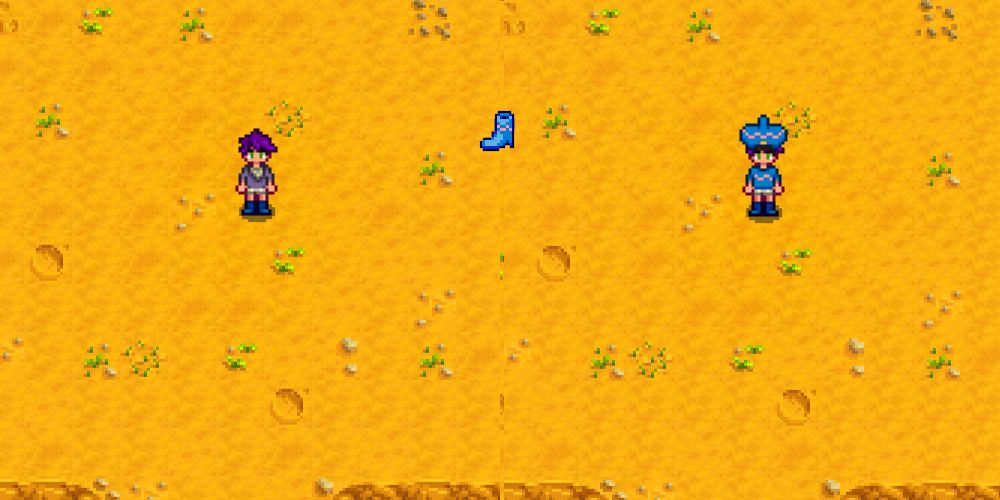 Stardew Valley Character wearing Emily's Boots (Left) and Emily's Outfit (Right)