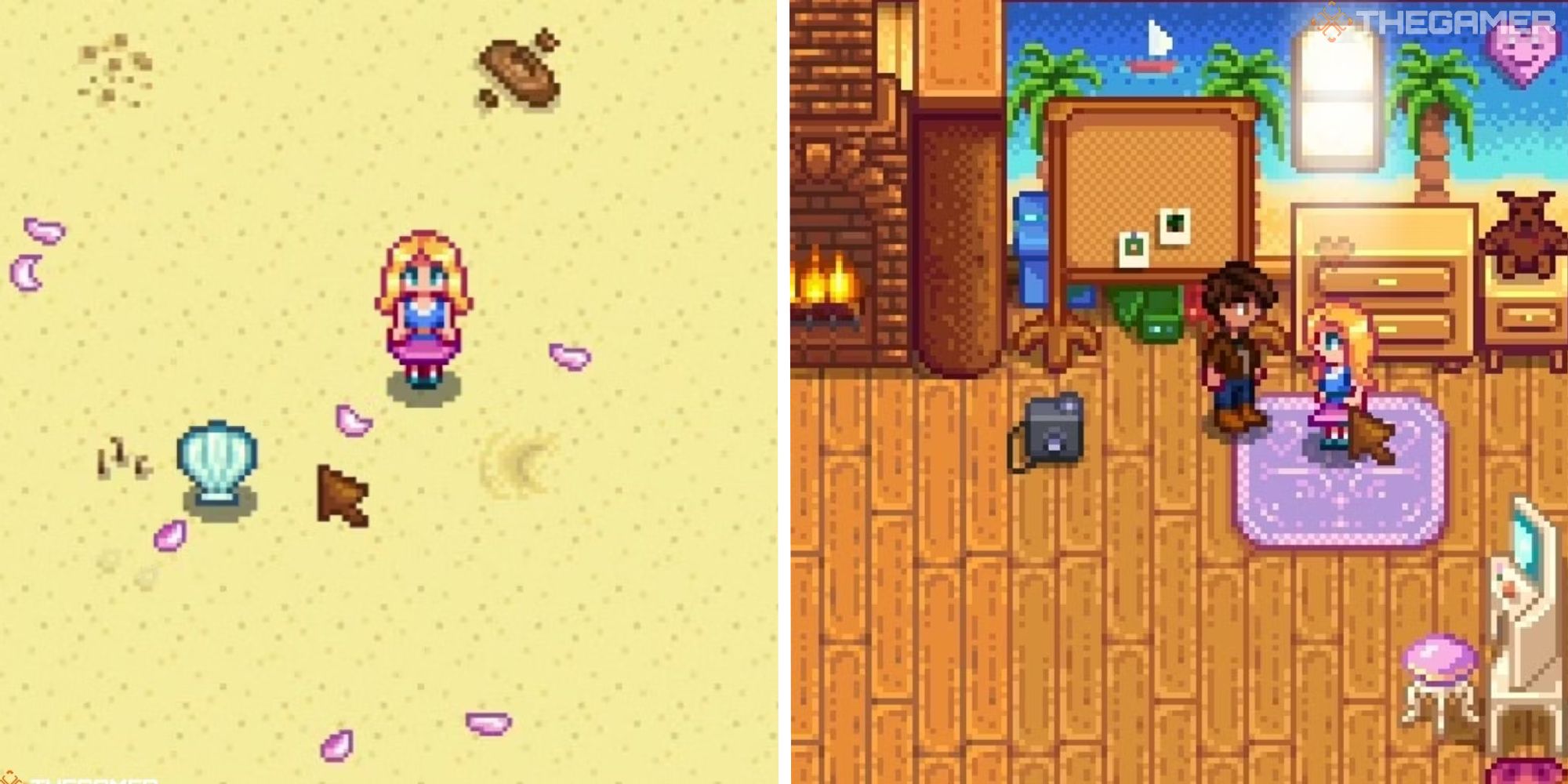 split image showing haley on beach next to image of haley and player in her spouse room