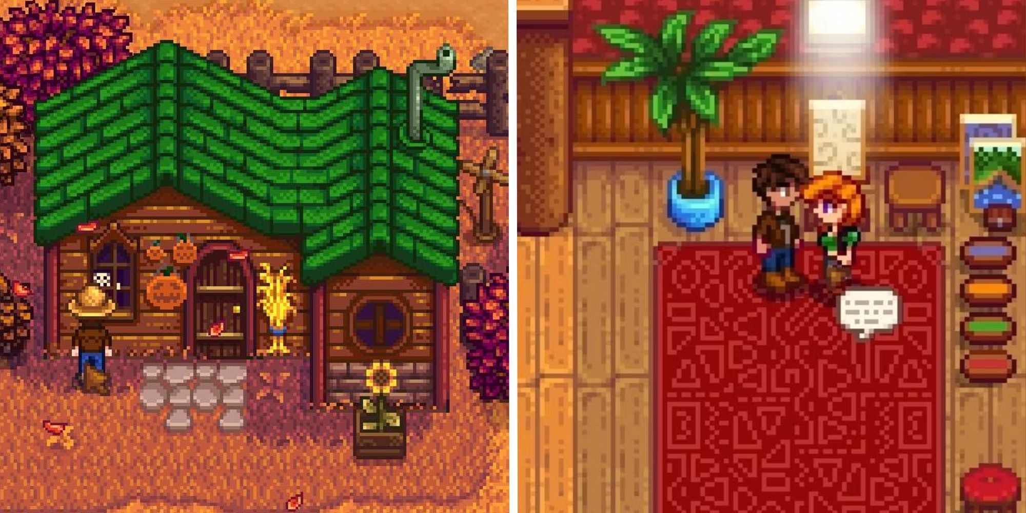 split image showing leahs house, next to image of leah in her spouse room