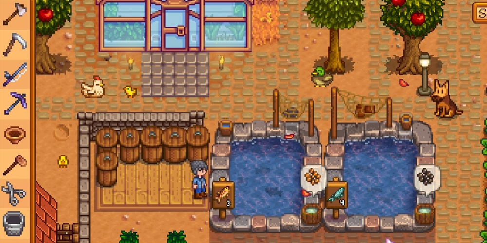 Stardew Valley mobile toolbar on the side, fish pond, preservation container