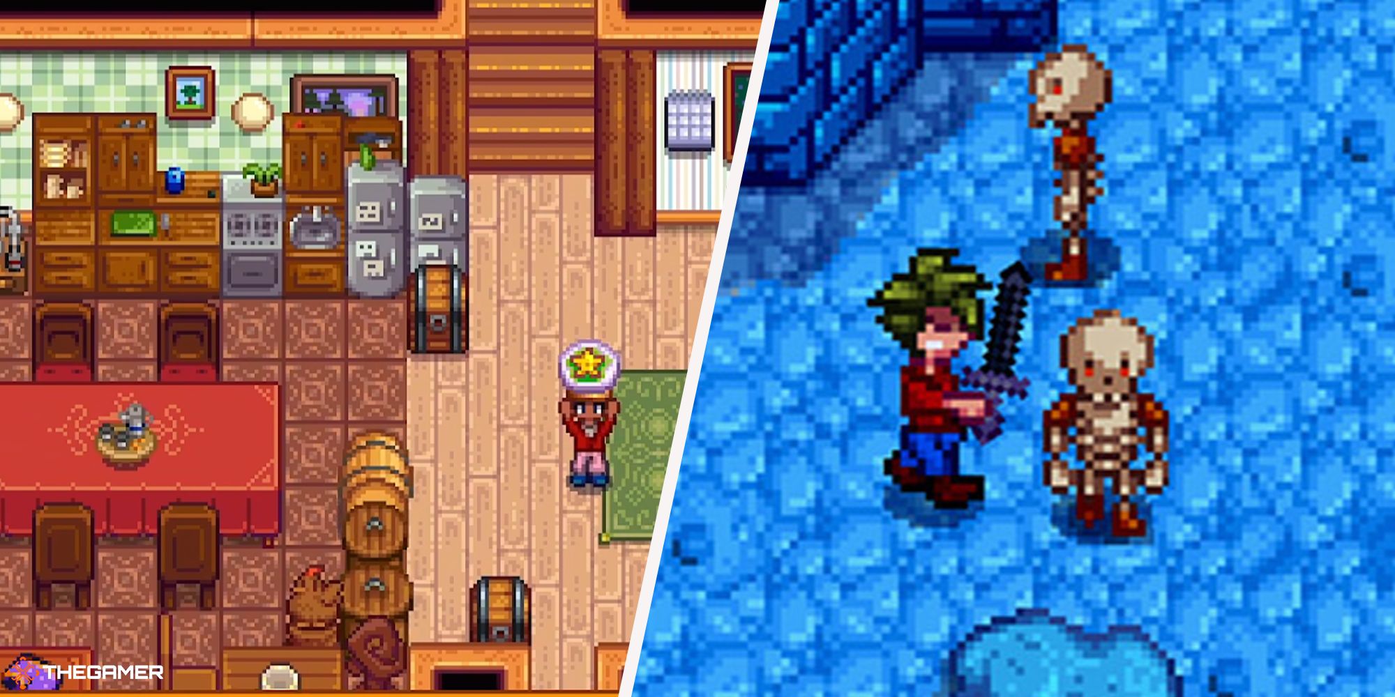 Stardew Valley - player fighting on right, player cooking on left