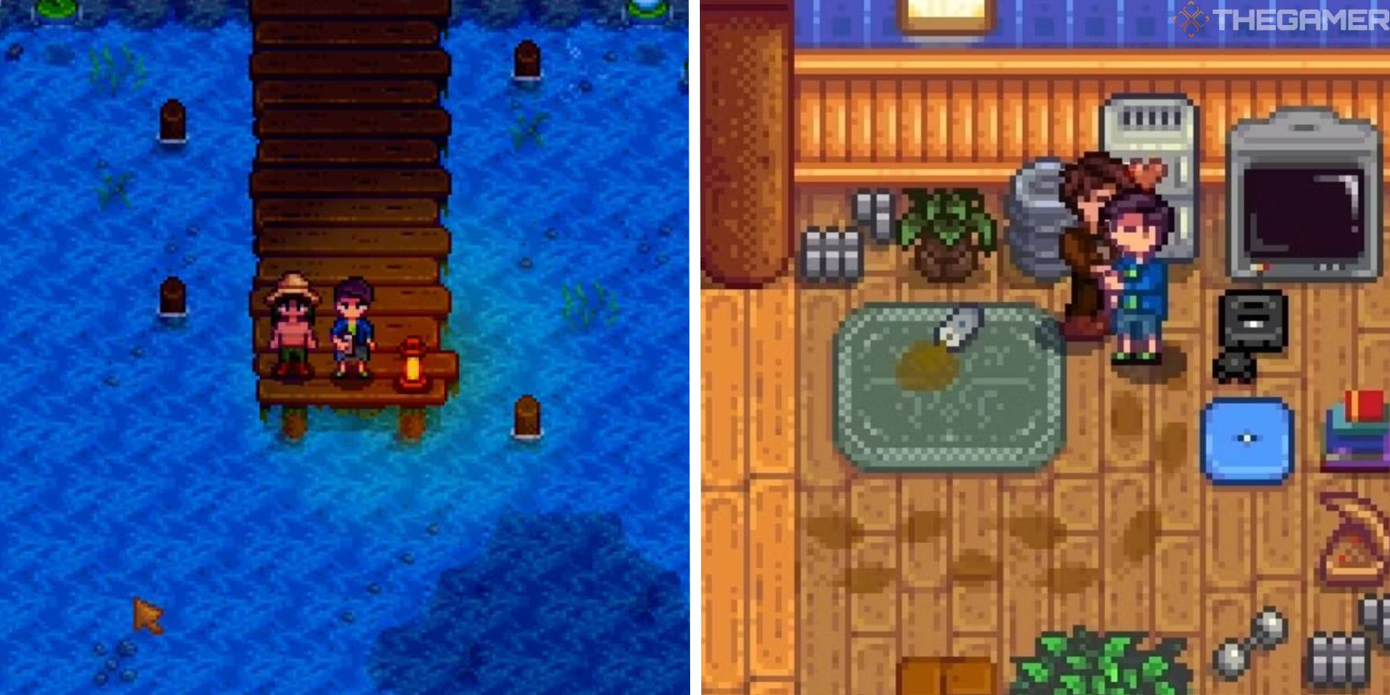 split image showing shane and player on dock, next to image of player and shane kissing in his spouse room