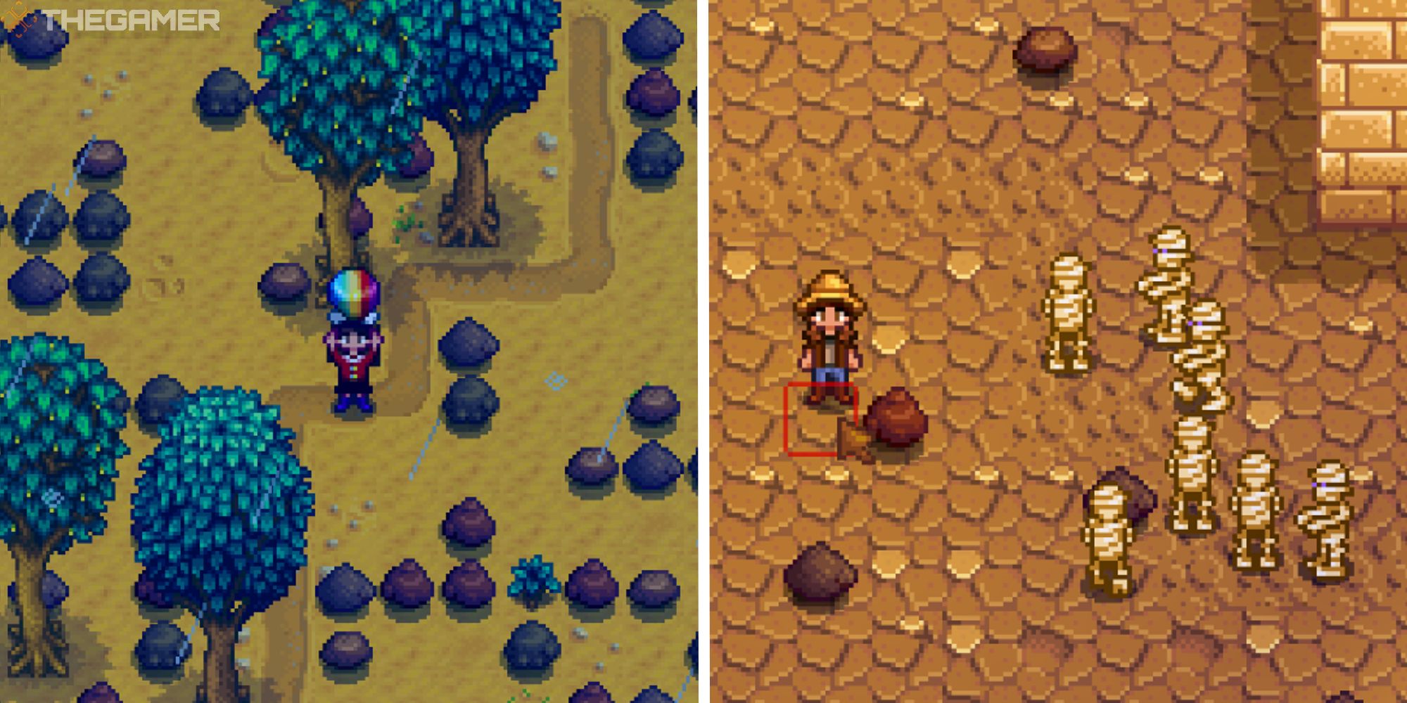 split image showing player in quarry with prismatic shard, next to image of player in skull cavern with mummies