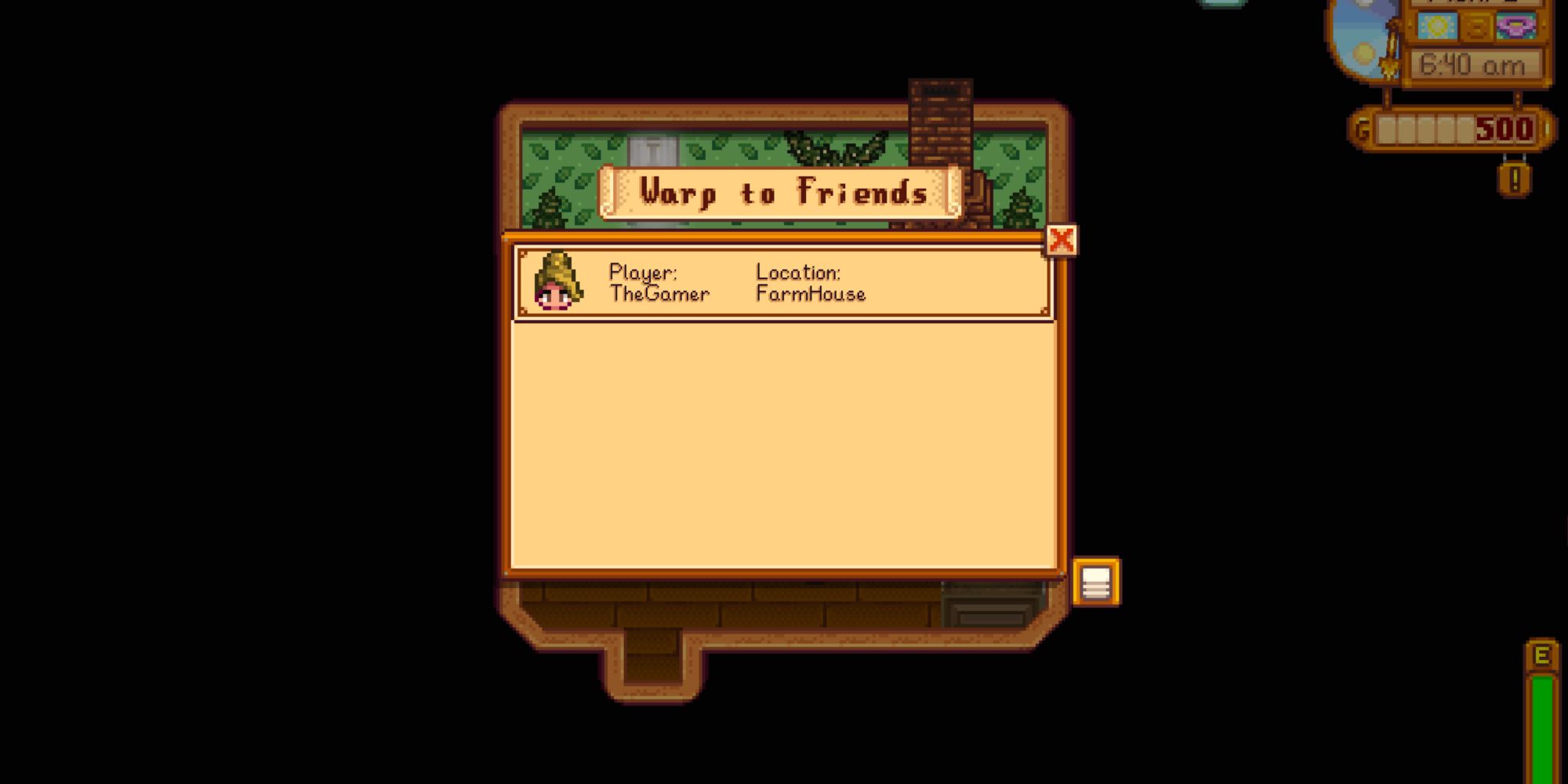 Stardew Valley Warp to Friends mod menu