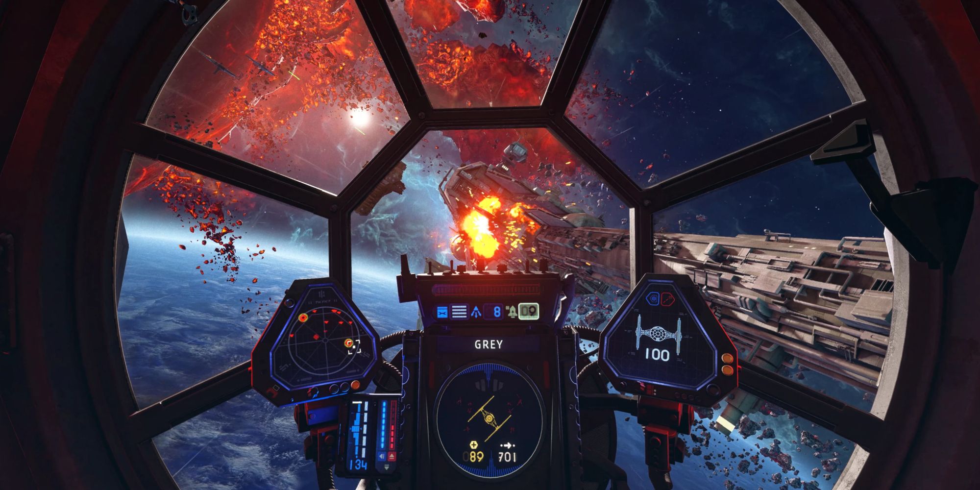 Starfighter combat from the inside of a TIE Fighter cockpit in Star Wars Squadrons