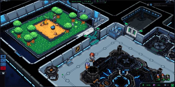 Humans looking over tech and trees in Starmancer