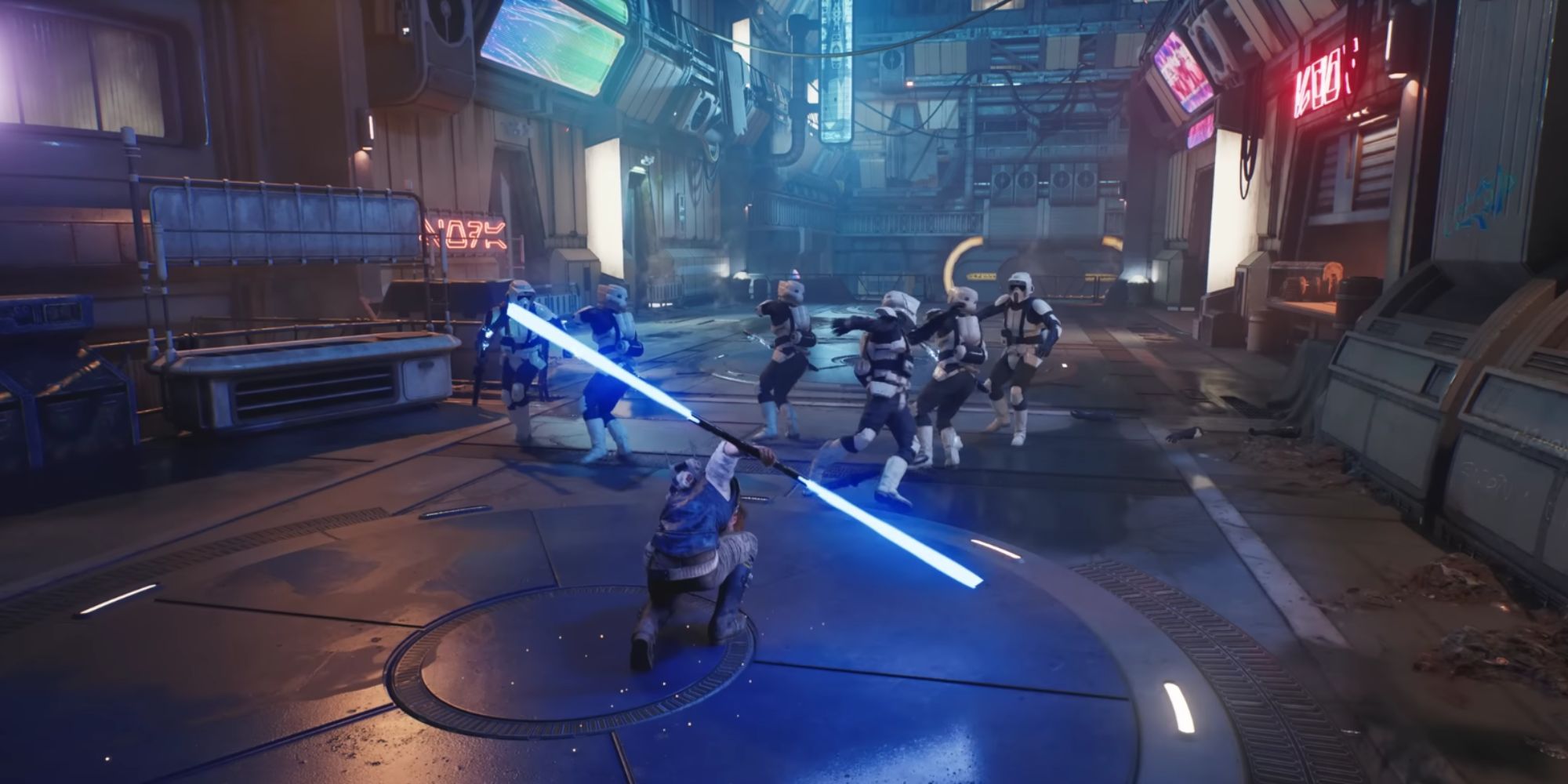 Cal fighting stormtroopers on Coruscant.