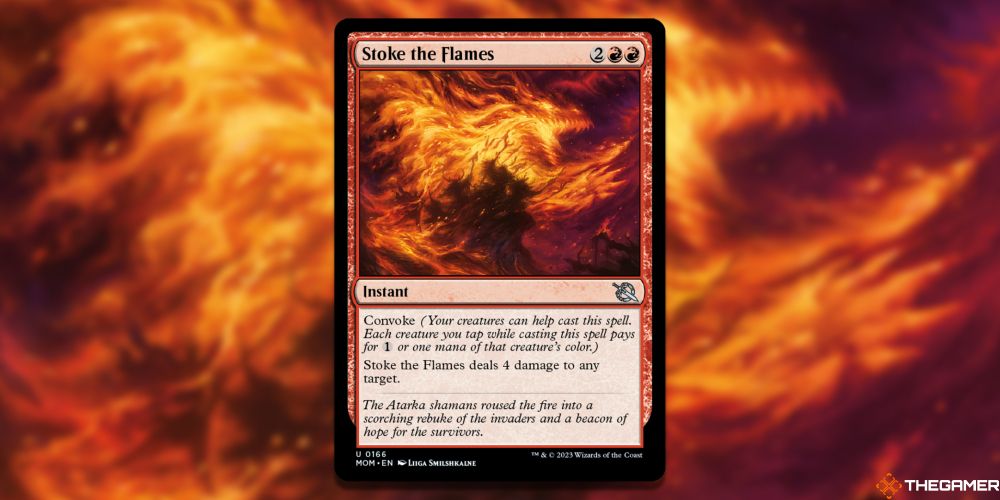 Stoke The Flames card and art background from Magic The Gathering.