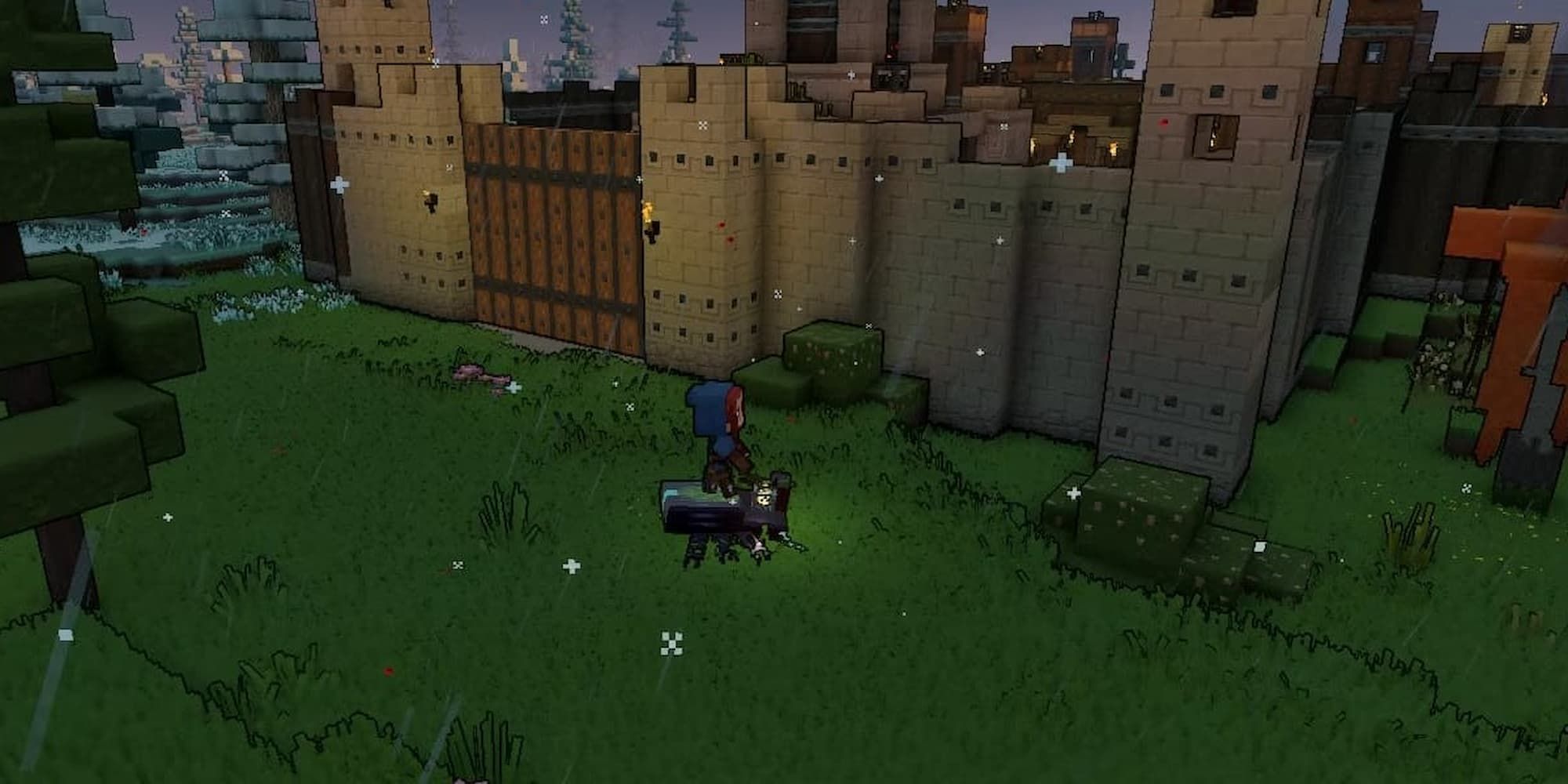 Un Héros Se Tient À L'Extérieur De Leurs Murs Qui Ont Été Construits Avec De La Pierre Dans Minecraft Legends.