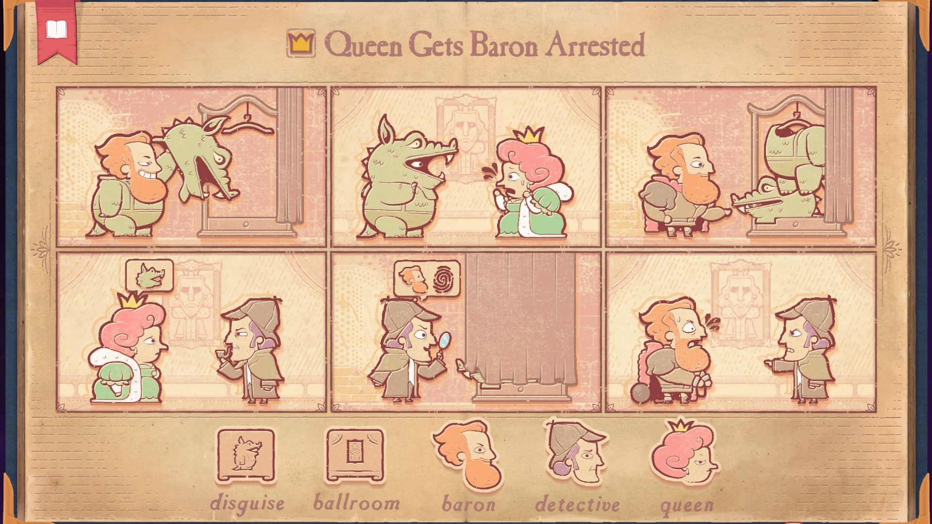 The solution for the Dragon section of Storyteller, showing the Queen having Baron arrested.