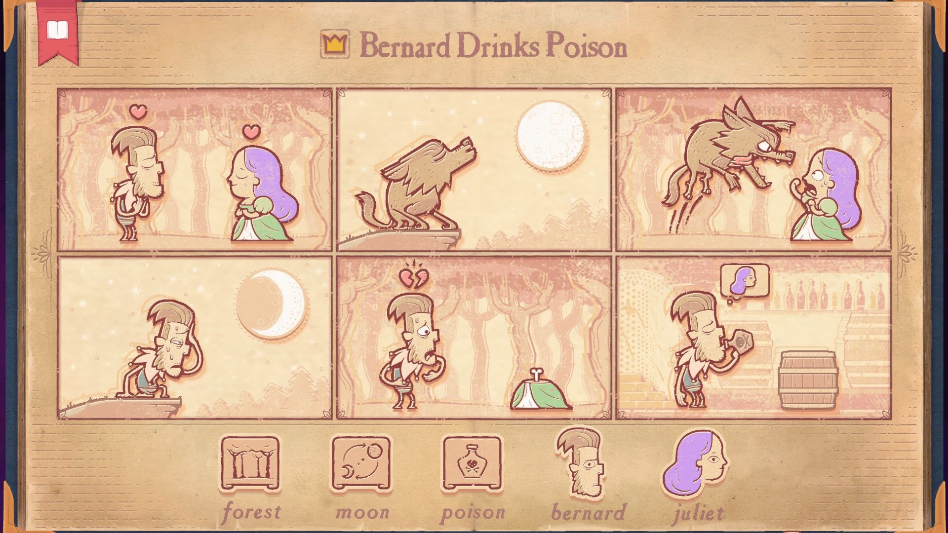 The solution for the Werewolf section of Storyteller, showing Bernard drinking poison.