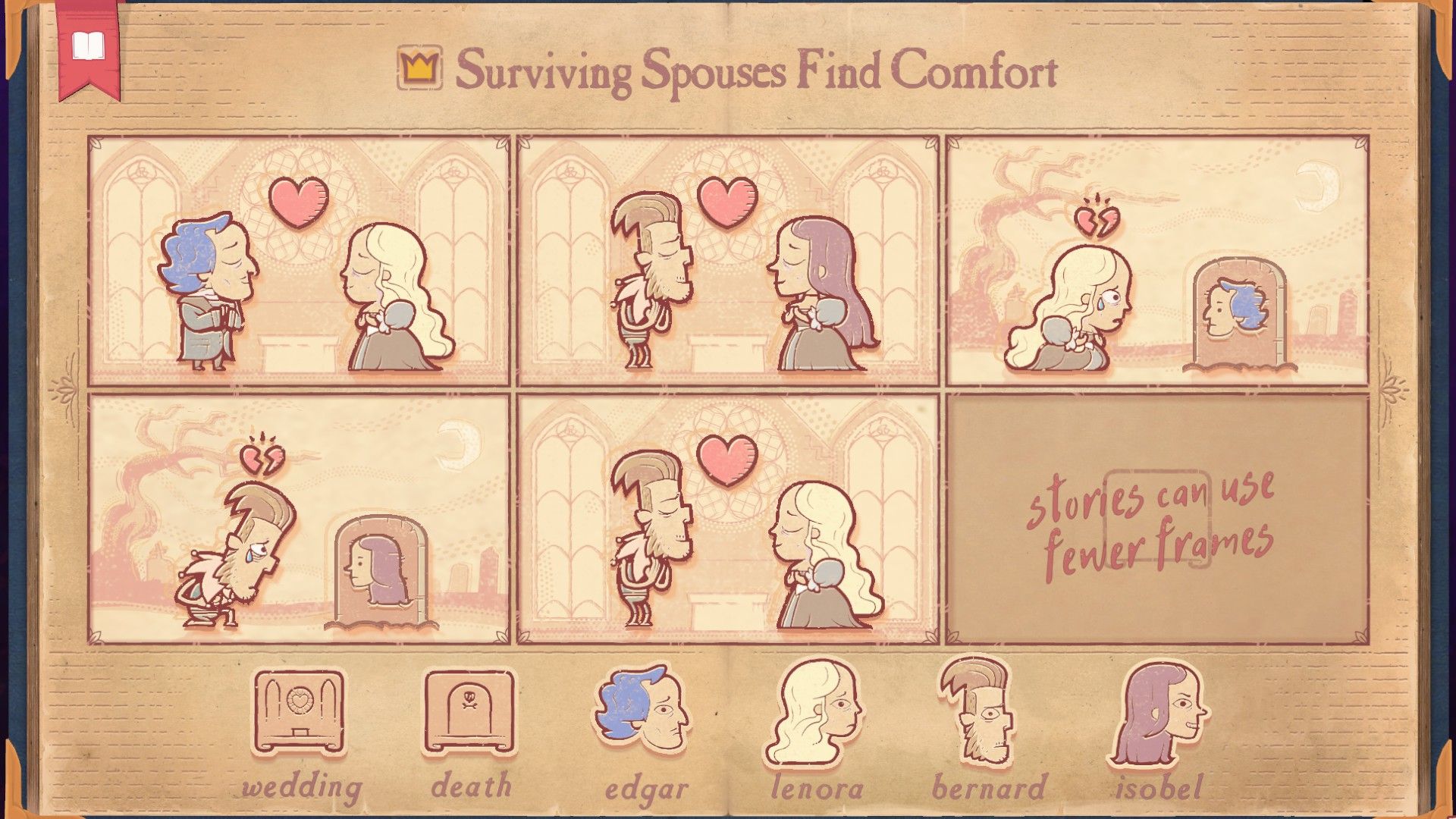 The solution for the Grief section of Stoyteller, showing a surviving spouse remarrying and finding comfort.