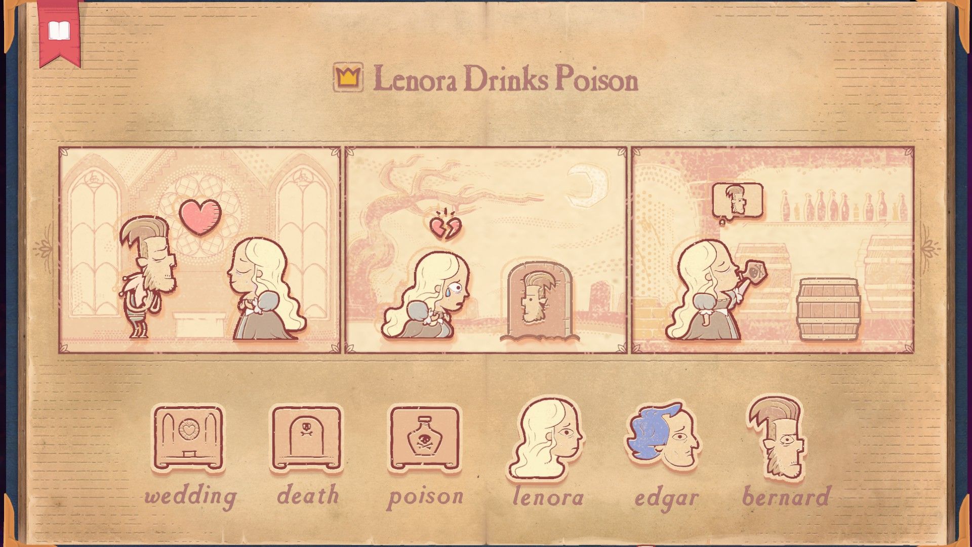 The solution for the Poison scenario in Storyteller, showing Lenora drinking poison.