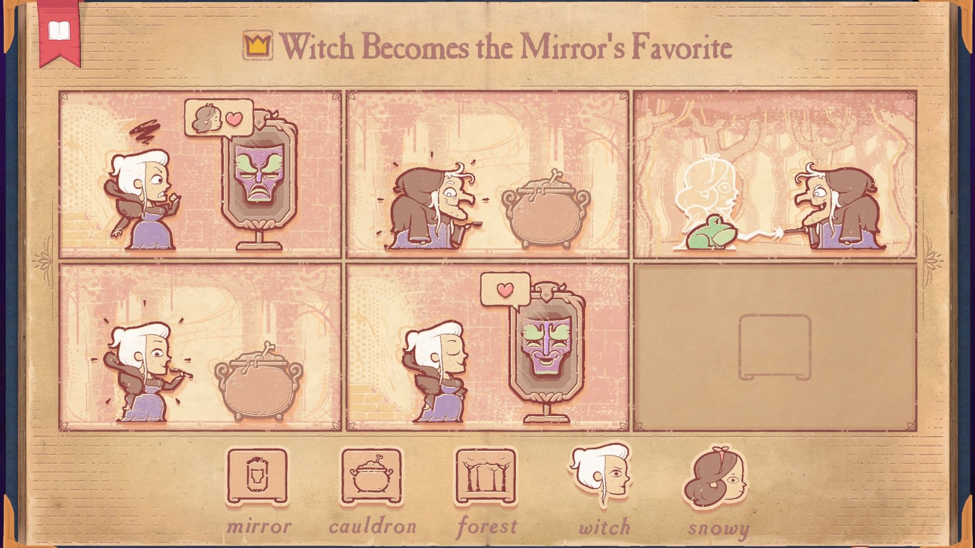 The solution for the Competitor section of Storyteller, showing the Witch becoming the mirror's favorite.