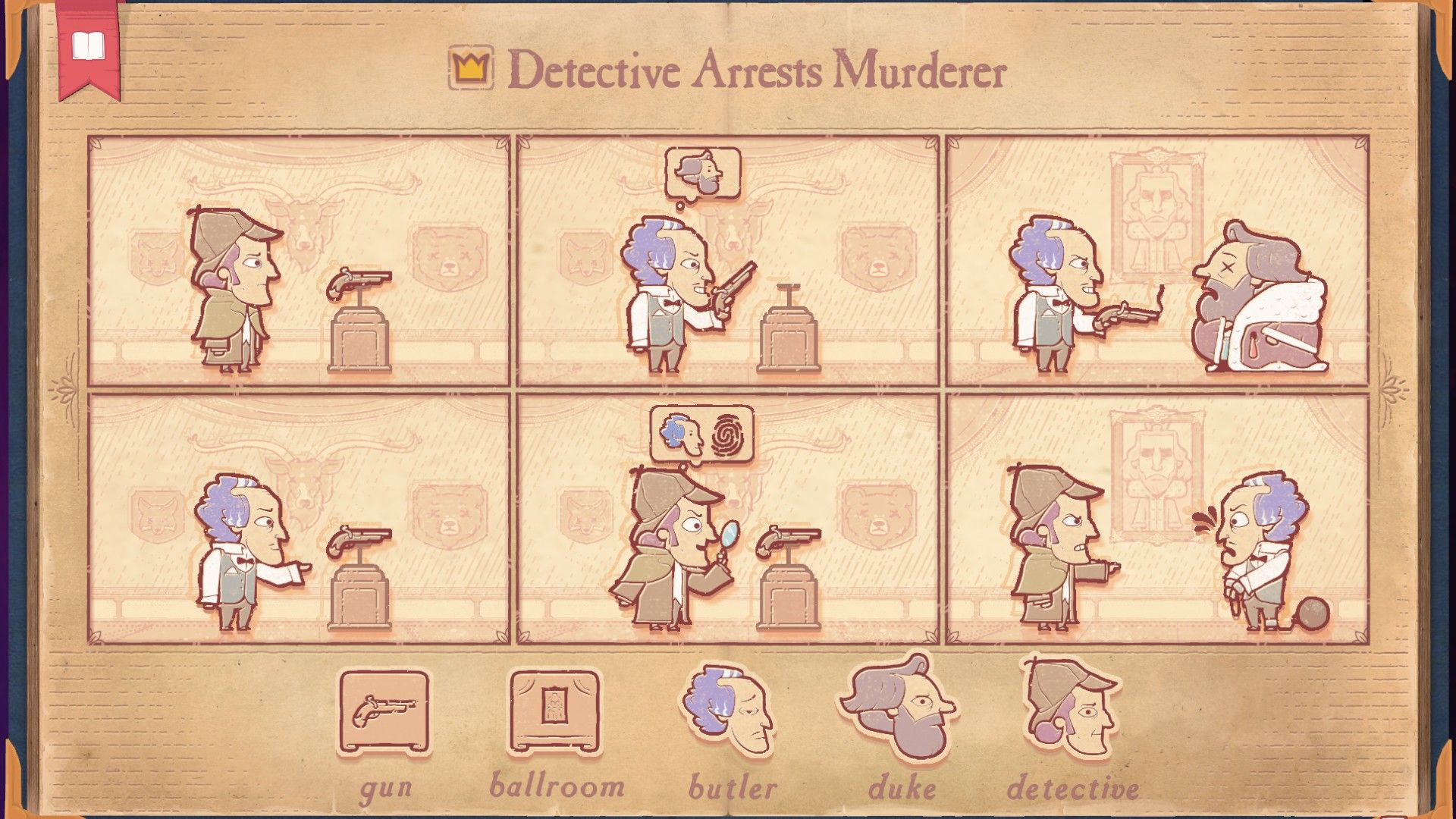 The solution for the Fingerprints section of Storyteller, showing the Detective arresting the Butler.