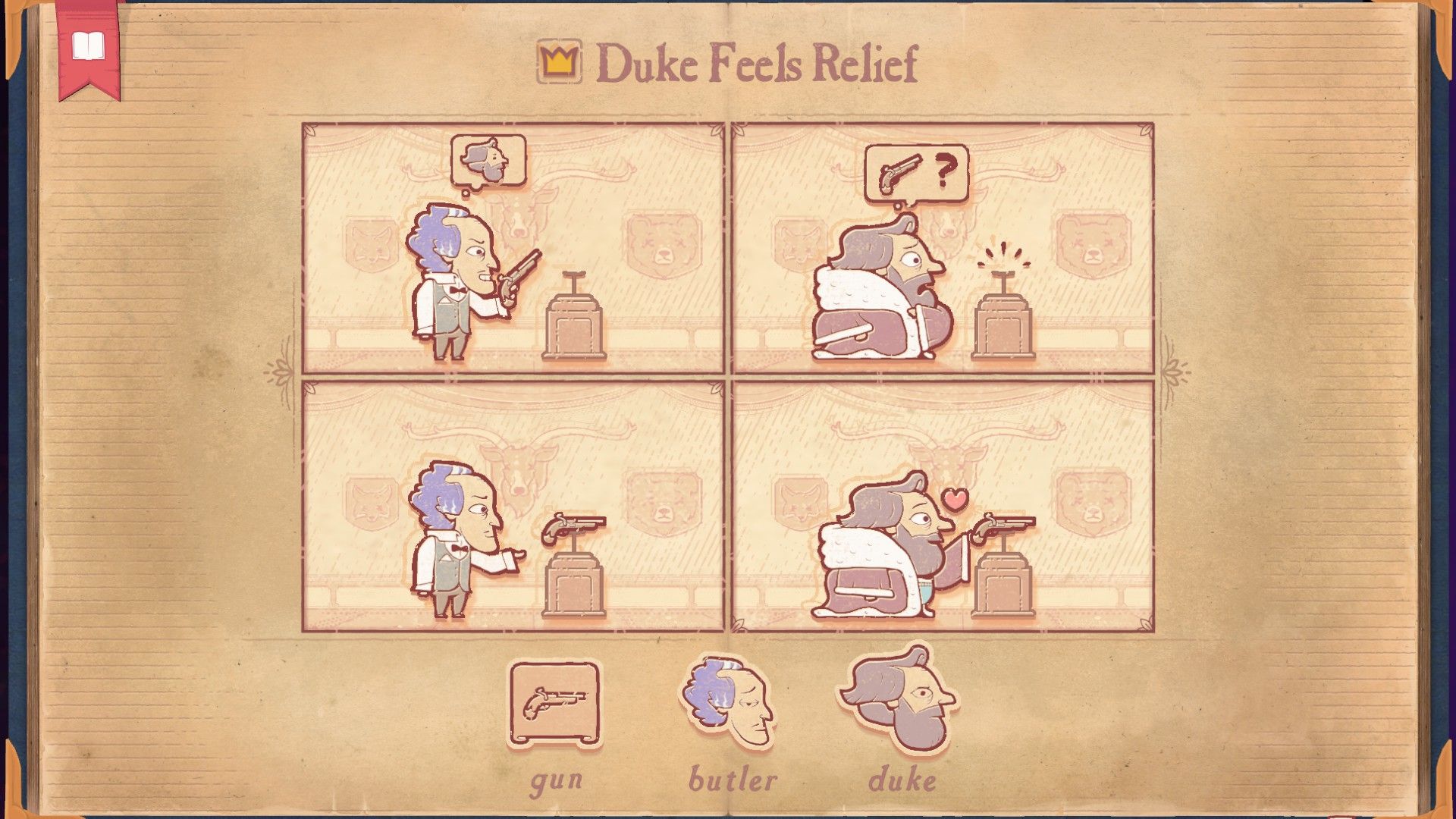 The solution for the Weapon section of Storyteller, showing the Duke feeling relief.