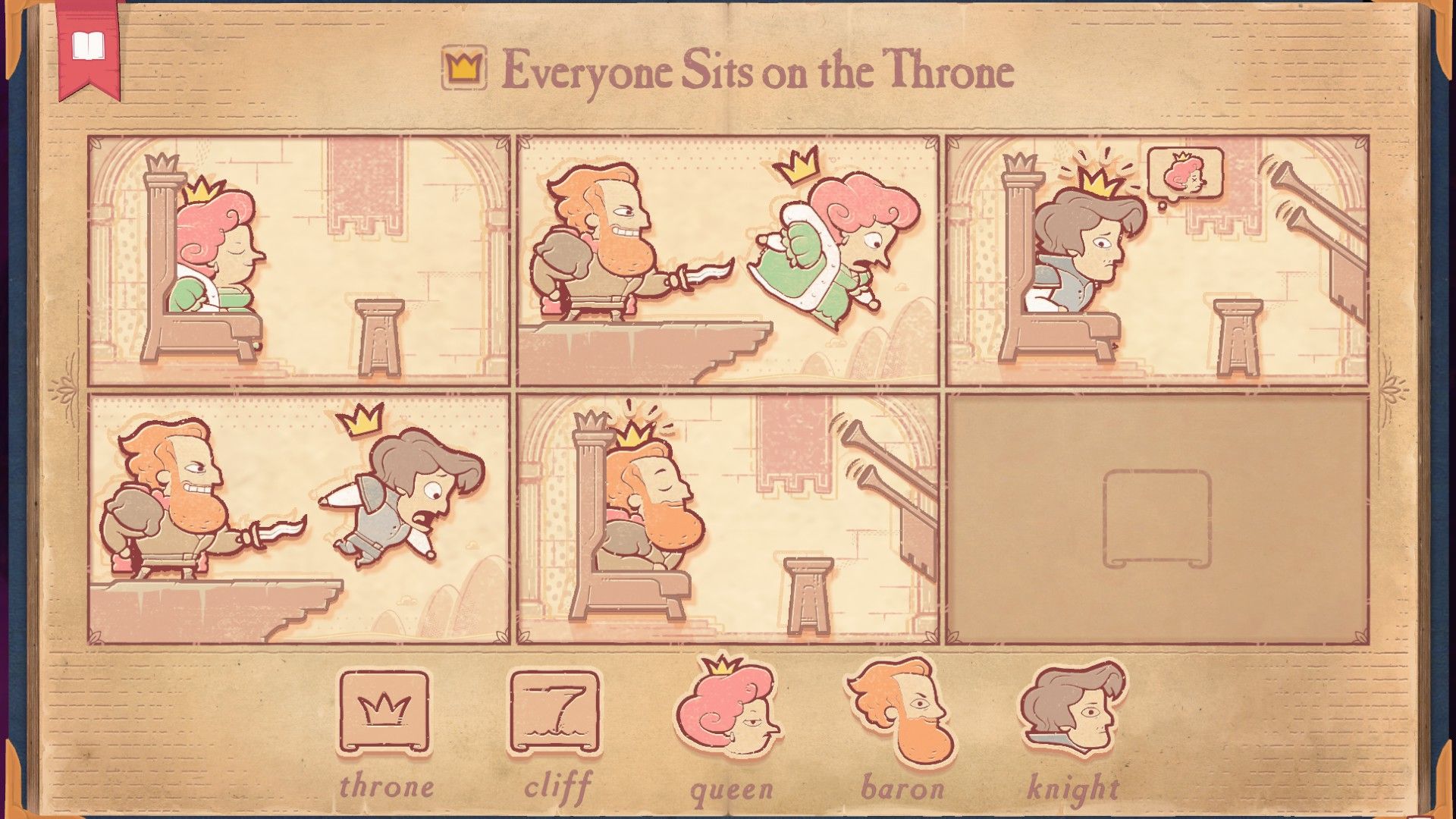 The solution for the Usurpers section of Storyteller, showing everyone on the throne.