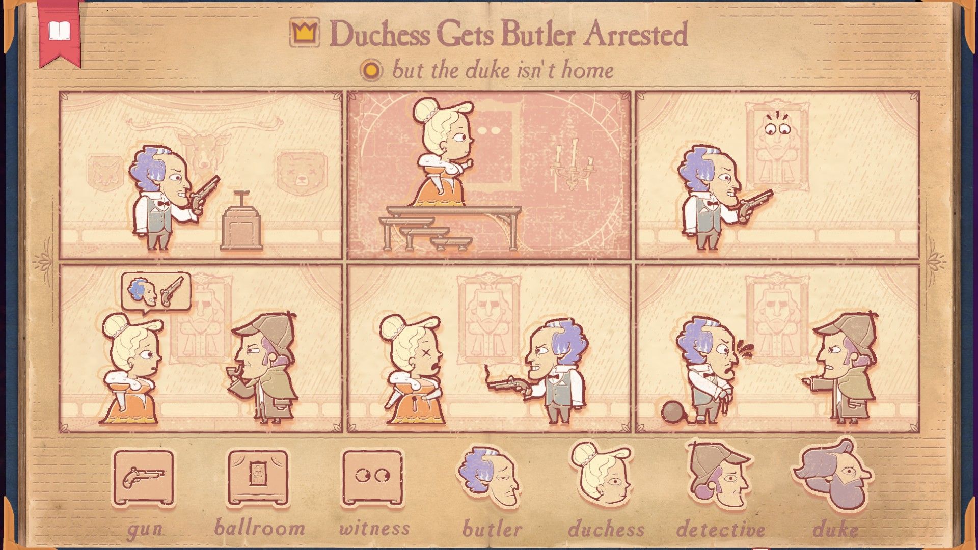 The solution for the Report section of Storyteller, showing Duchess getting Butler arrested without the Duke home.
