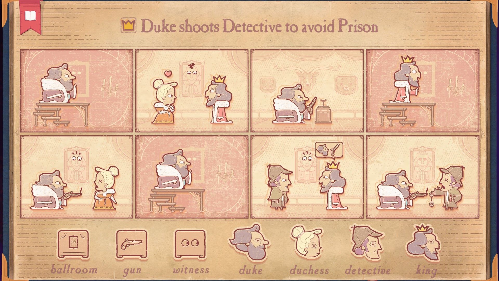The solution for the Loose End section of Storyteller, showing the Duke shooting the Detective to avoid Poison.