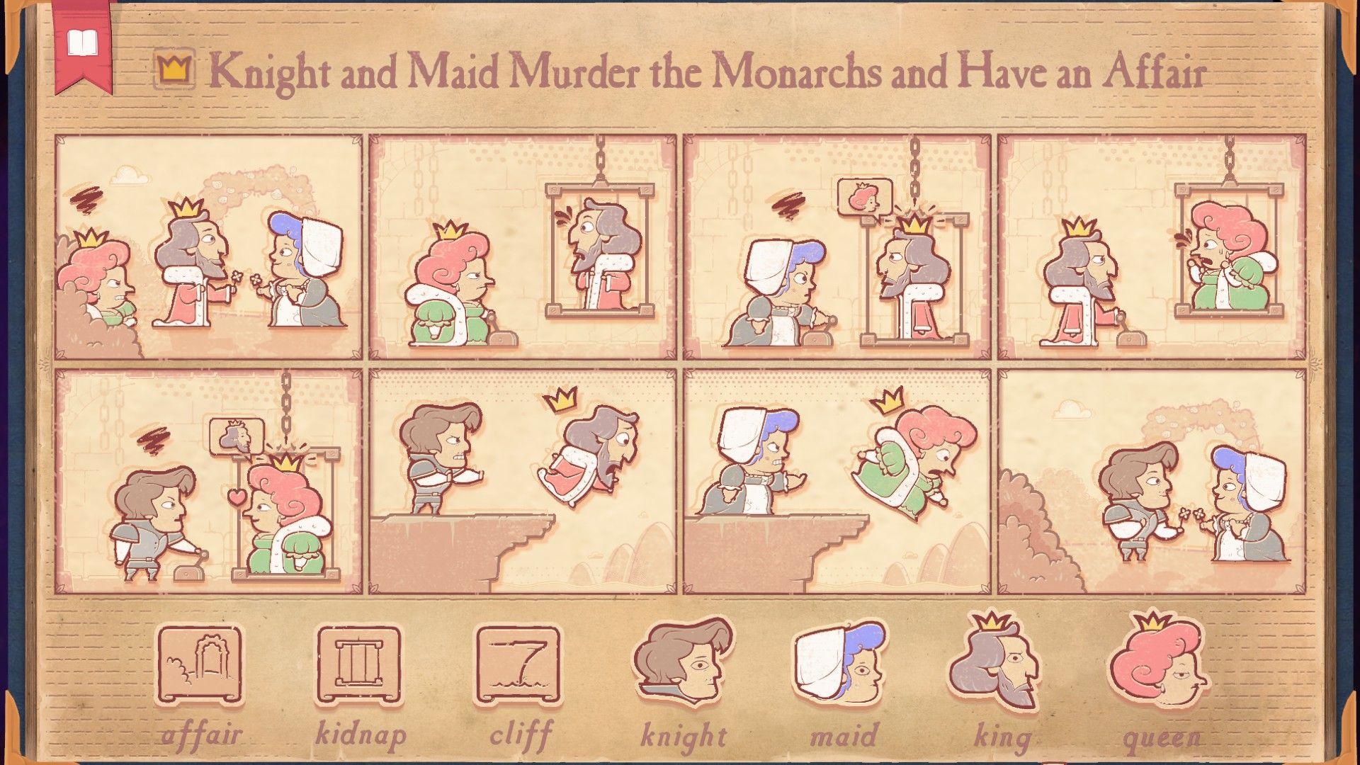 The solution for the Love Revolution section in Storyteller, showing the Knight and Mmaid murdering the monarchs.