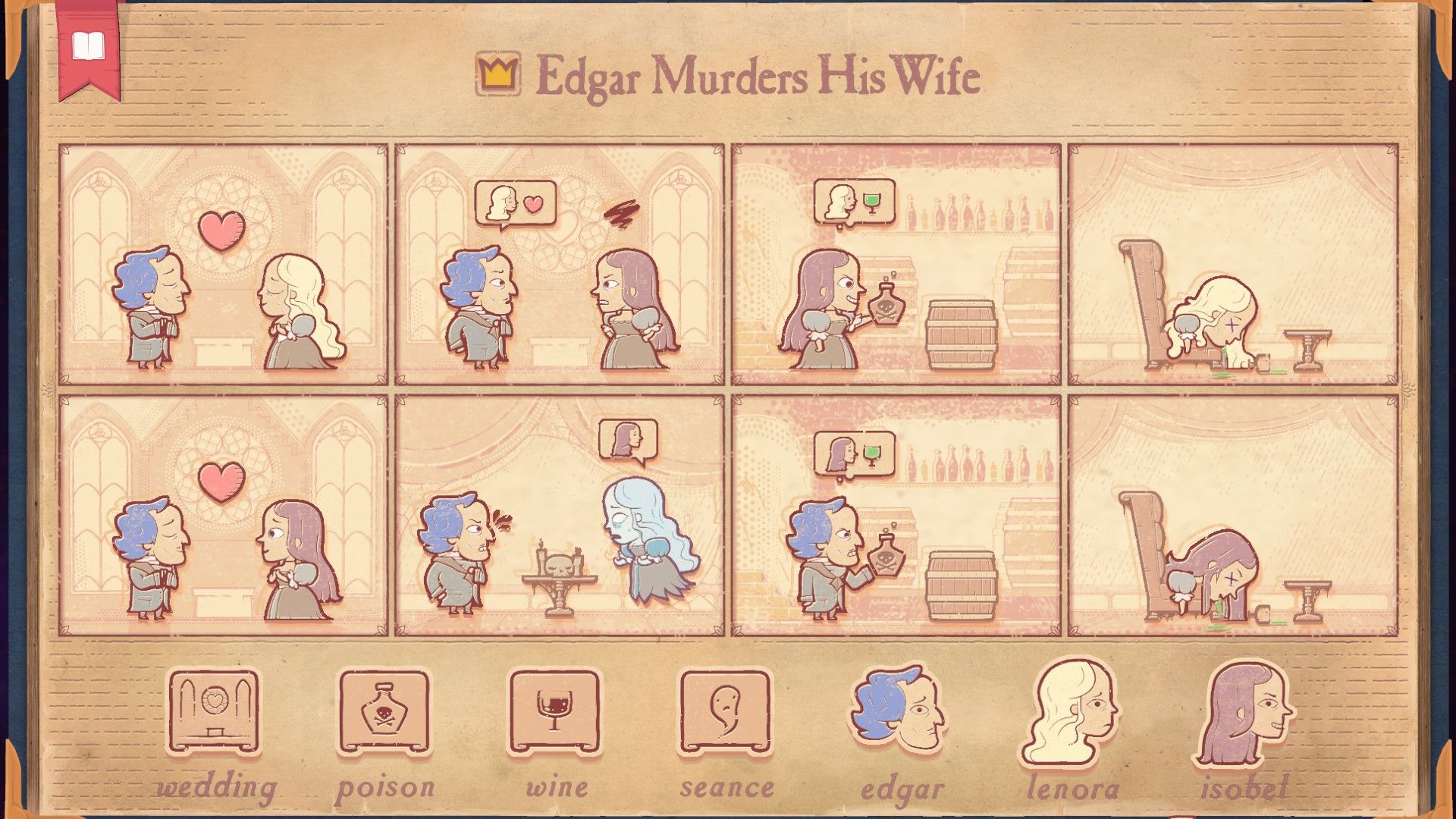 The solution for the Mad Husband section of Storyteller, showing Edgar killing his wife.