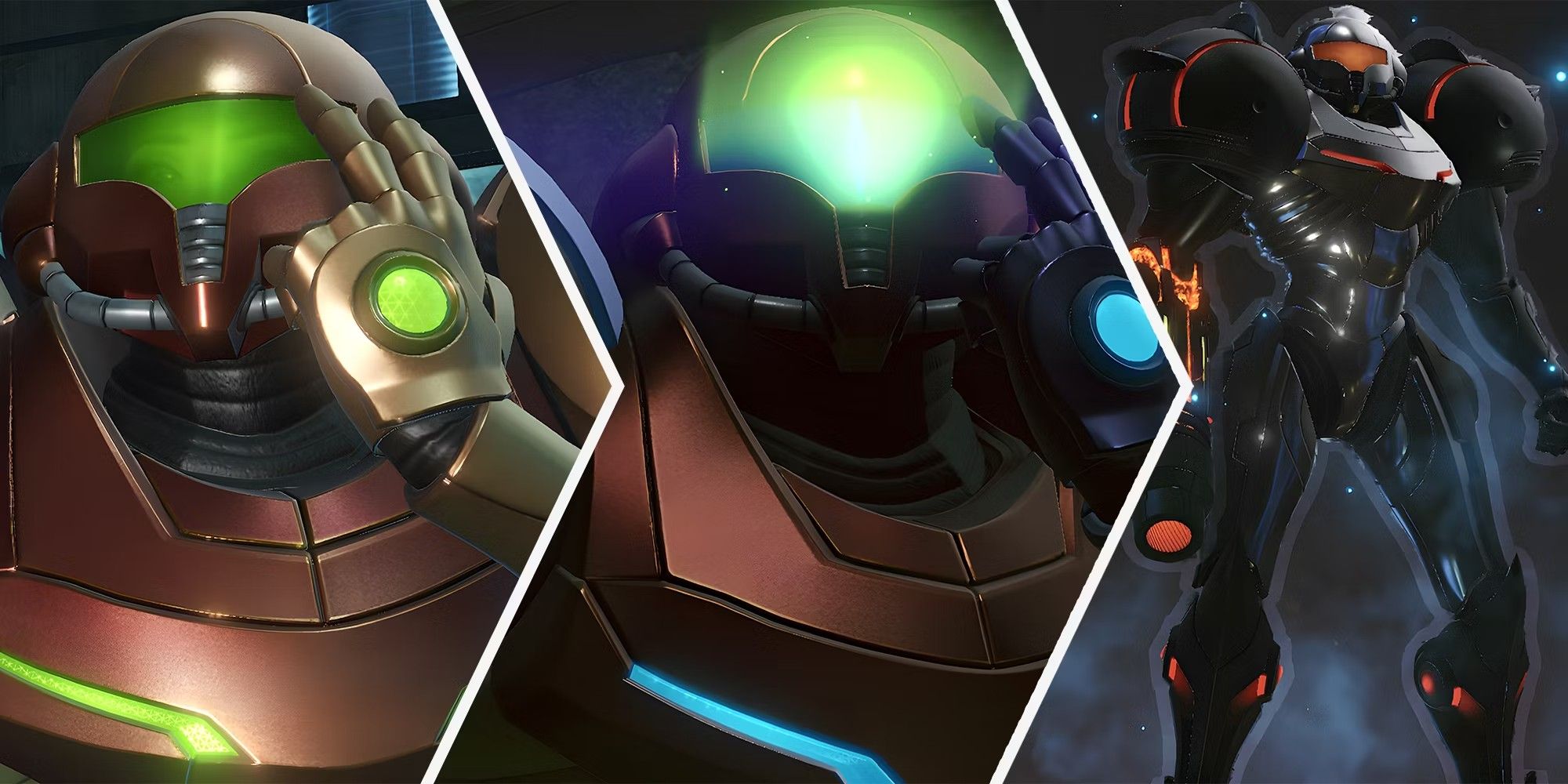 A collage showing Samus with three diferent suits.