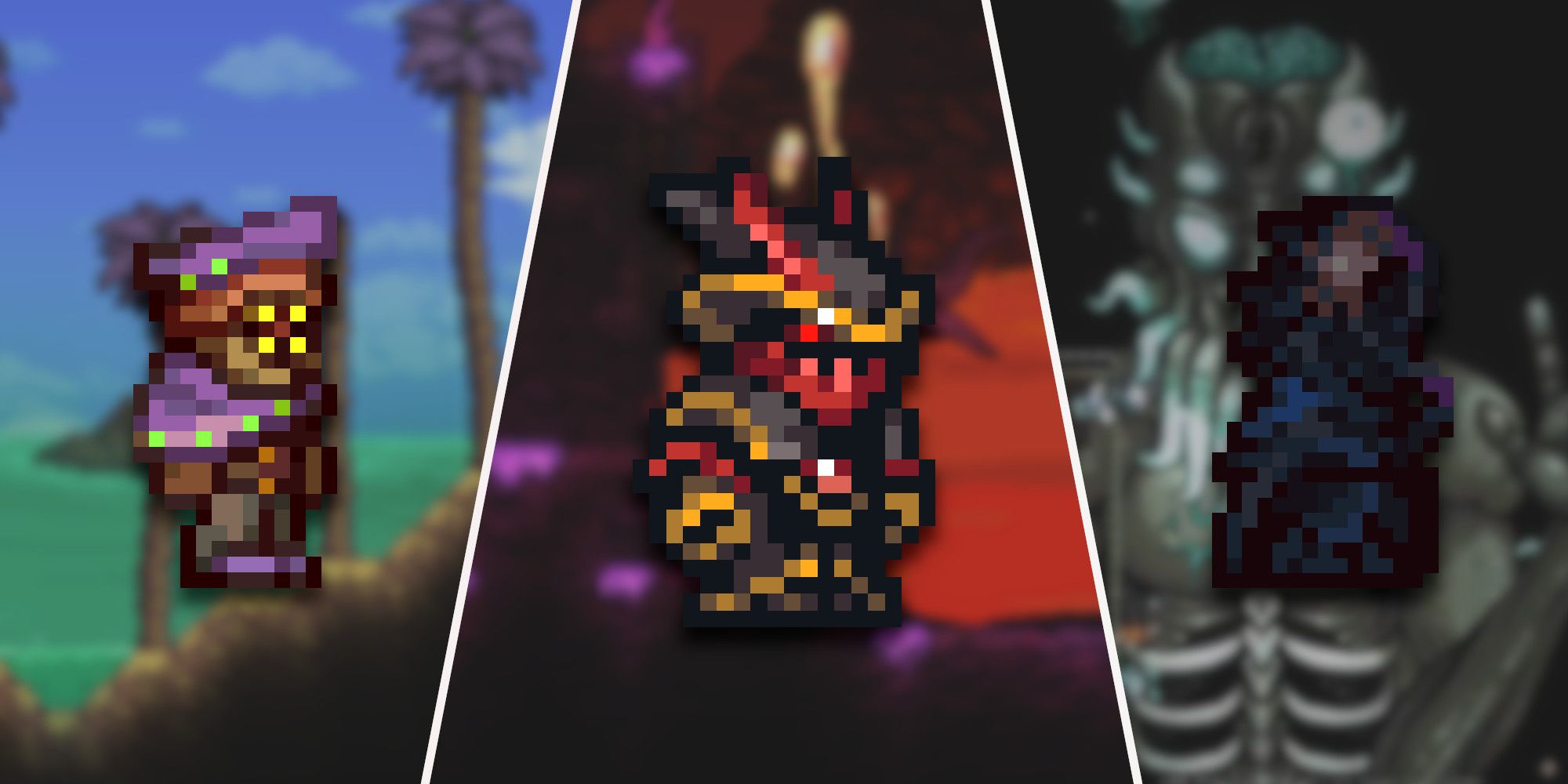 Sulphurous Armor, Bloodshade Armor, And Empyrean Armor From Terraria Calamity From Left To Right