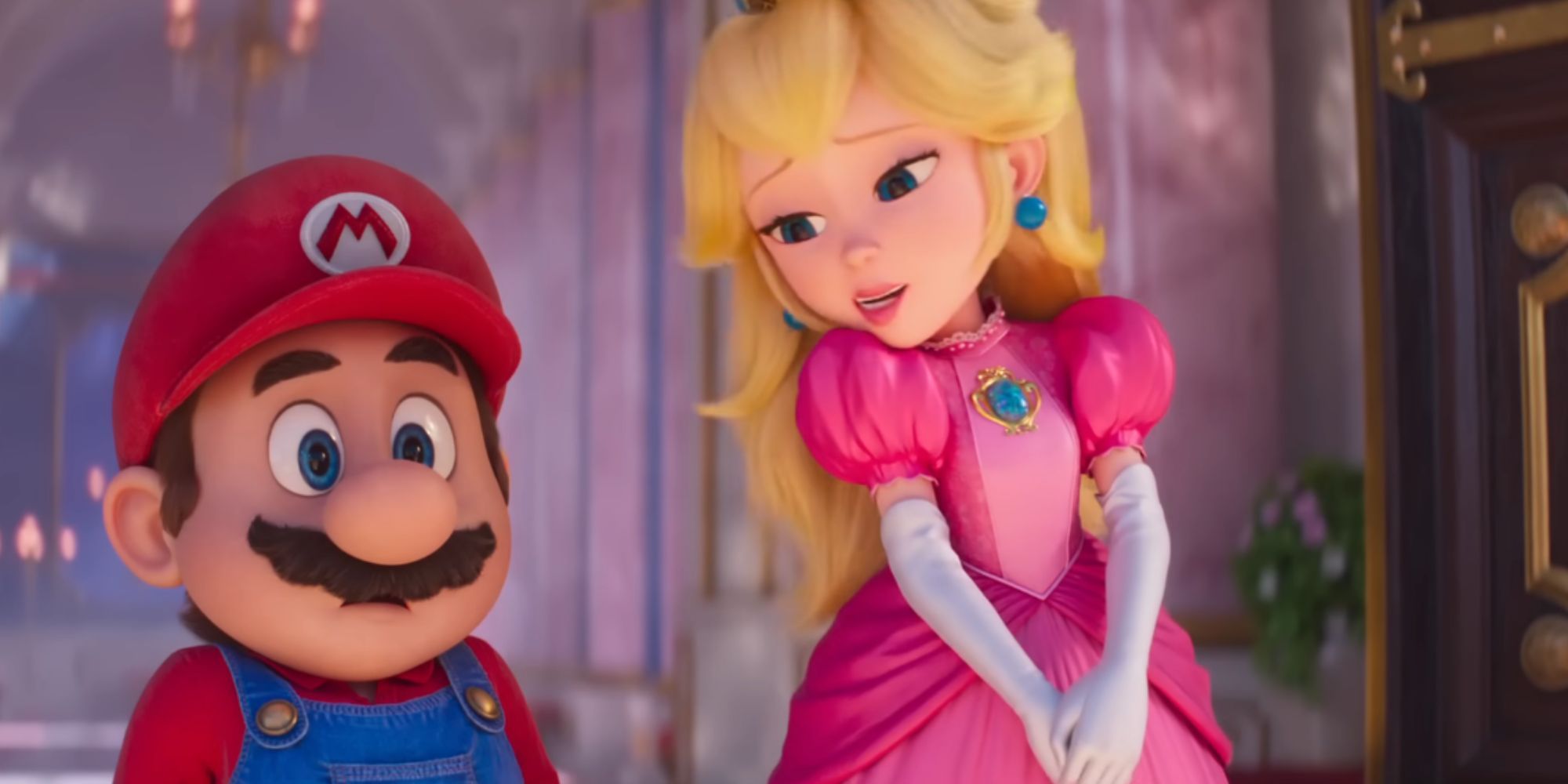 Princess Peach talks to Mario inside her castle in The Super Mario Bros. Movie
