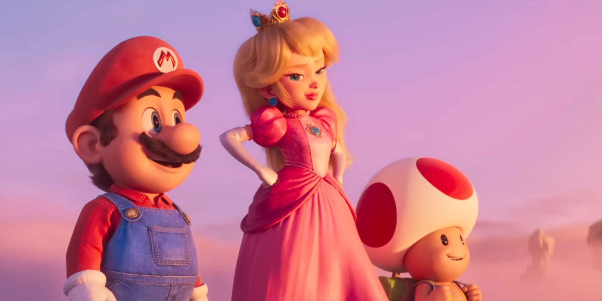 Mario, Princess Peach and Toad are standing on a cliff above the clouds.