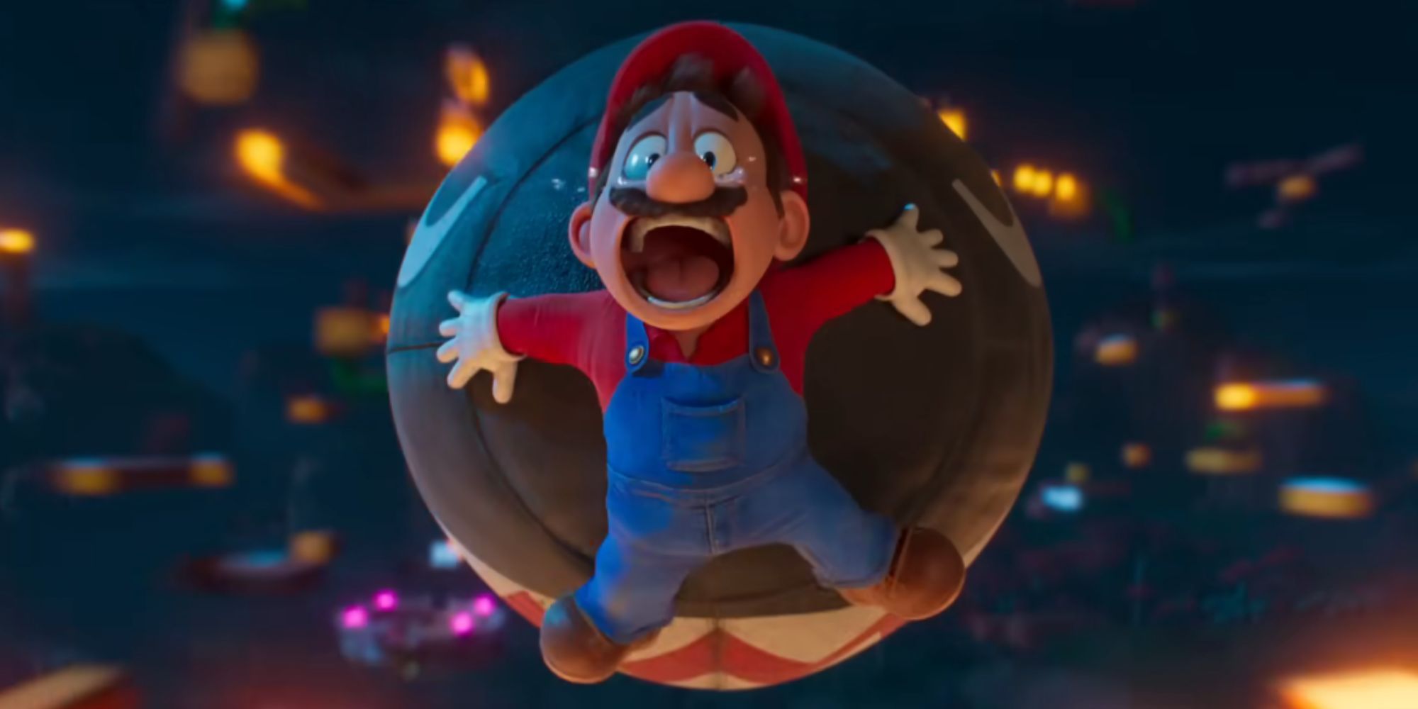 In The Super Mario Bros. Movie, Bullet Building carries Mario into the night sky.